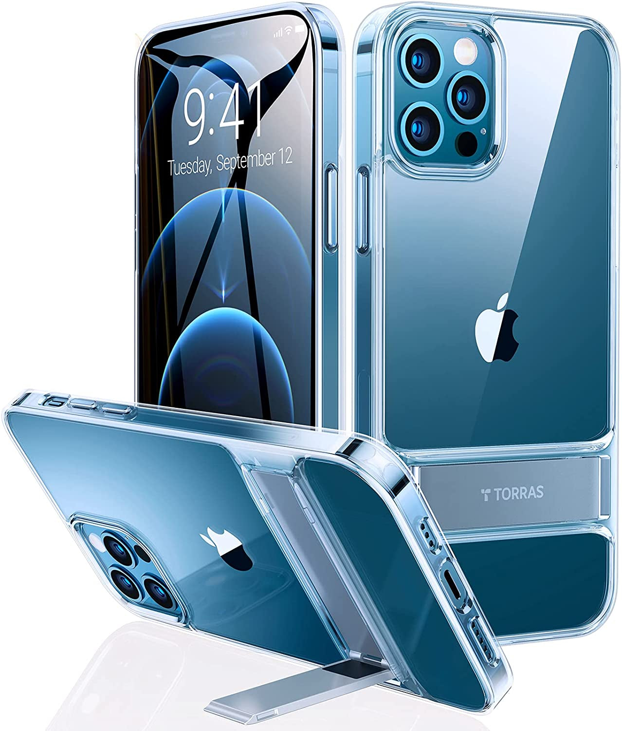 TORRAS Moonclimber for Iphone 13 Pro Max Case, [3 Stand Ways][Non-Yellowing & Military Grade Shockproof] Protective Slim Hard Clear Phone Case with Stand 6.7'' 2021, Black  TORRAS clear iPhone 12 pro max 