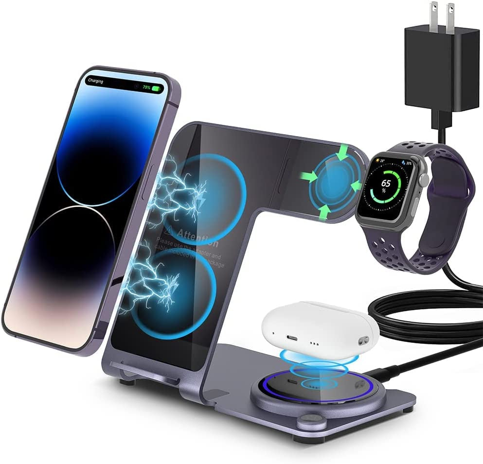 Wireless Charger, Aluminum Alloy 3 in 1 Wireless Charging Station for Apple Iphone/Iwatch/Airpods,Iphone 14,13,12,11 (Pro, Promax)/Xs/Xr/Xs/X/8(Plus),Iwatch8/7/6/Se/5/4/3/2,Airpods 3/2/Pro  XYZ Purple  