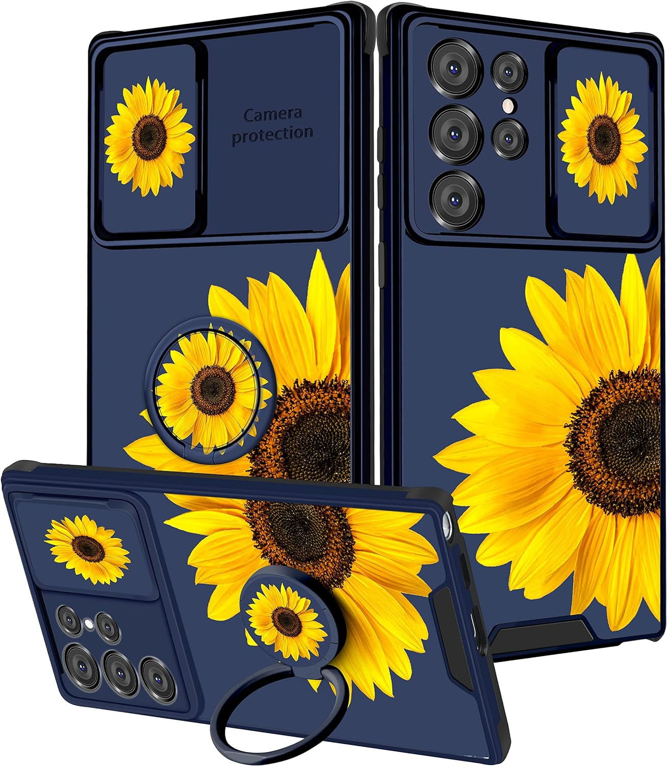 Goocrux (2In1 for Samsung Galaxy S22 Ultra Case Sunflower Floral for Women Girls Girly Phone Cover Cute Flowers Design with Slide Camera Cover+Ring Holder Unique Blue Cases for Galaxy S22 Ultra 6.8''  Goocrux   