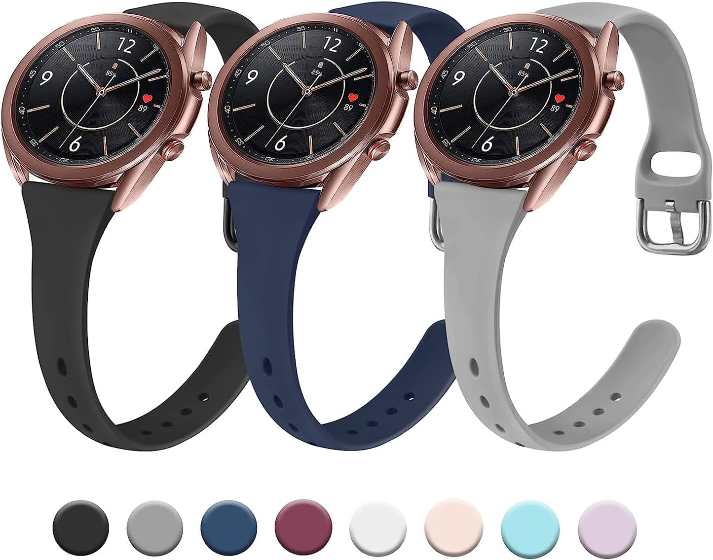 3 Pack Slim Bands for Samsung Galaxy Watch 3 Bands 41Mm Women Men, 20Mm Soft Silicone Replacement Wristband Sport Strap for Galaxy Watch 3 Bands 41Mm  Meliya Black+Navy Blue+Gray  