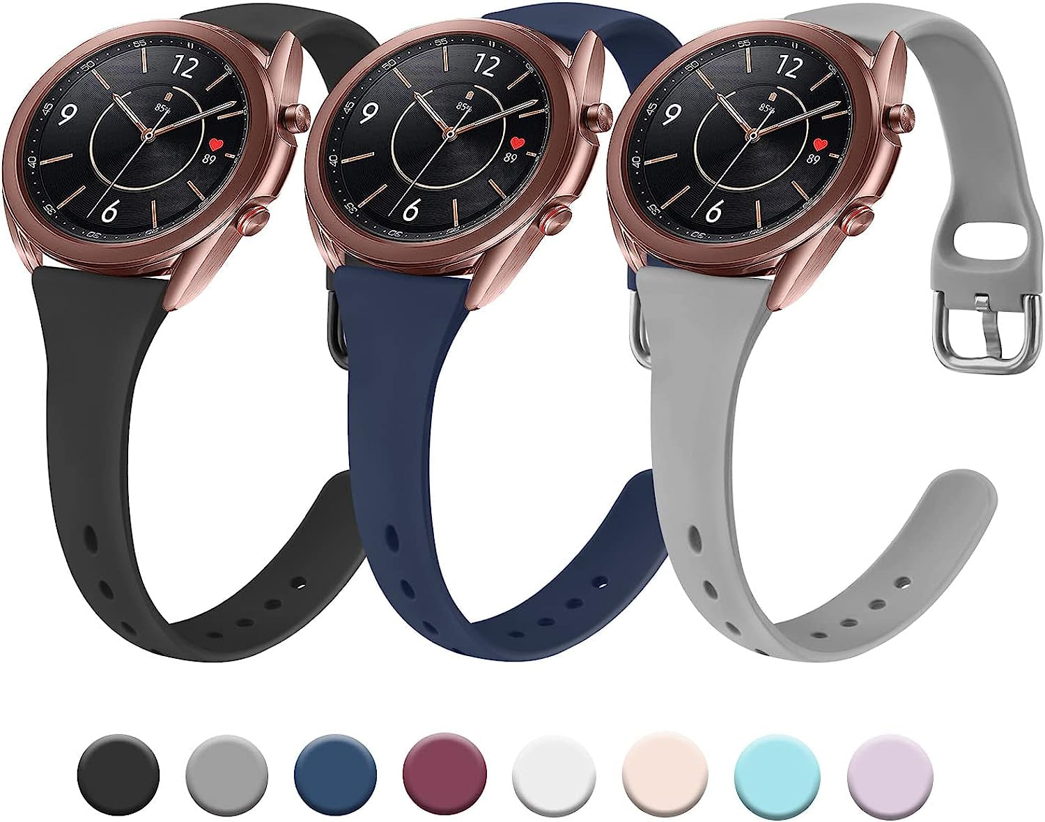 3 Pack Slim Bands for Samsung Galaxy Watch 3 Bands 41Mm Women Men, 20Mm Soft Silicone Replacement Wristband Sport Strap for Galaxy Watch 3 Bands 41Mm  Meliya Black+Navy Blue+Gray  