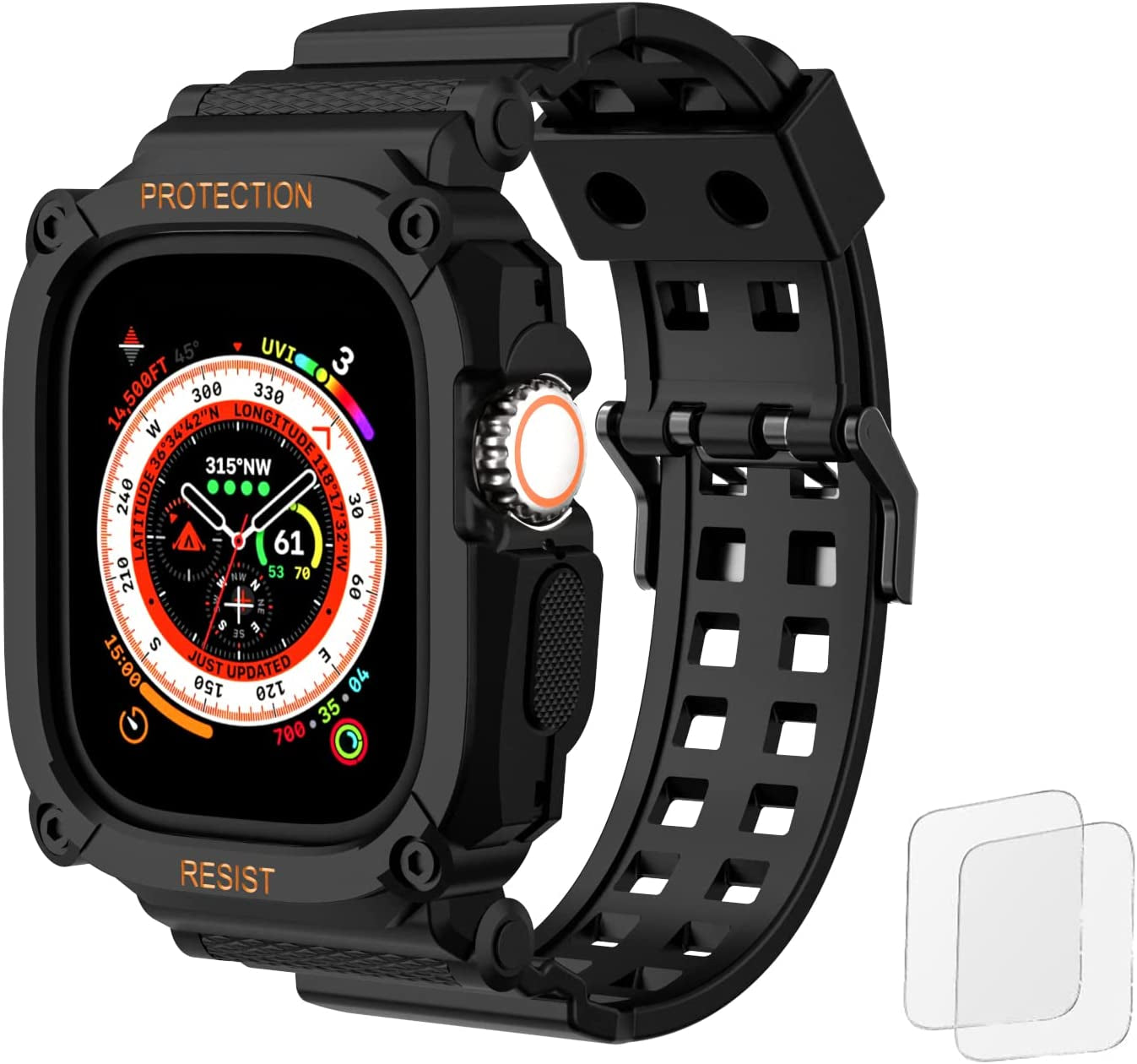 Fullmosa Watch Band Compatible Rugged Apple Watch Band Ultra 49Mm with Bumper Case & Screen Protector for Men Women, Black  Fullmosa Ultra-Black 49mm 