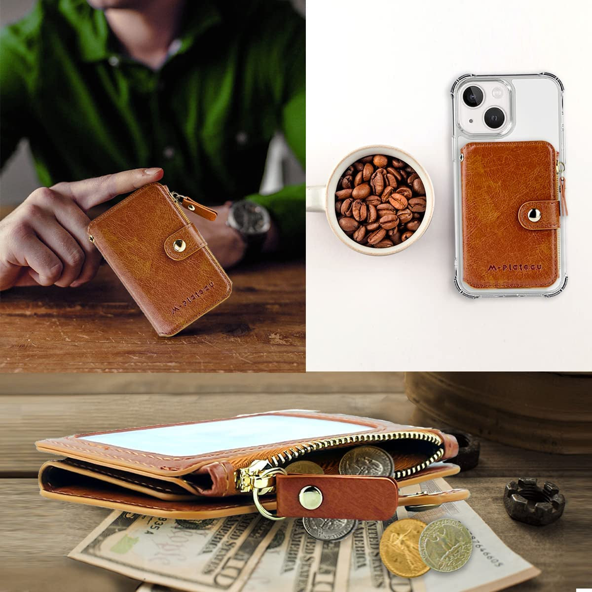 M-Plateau Phone Wallet Vegan Leather Magnetic Button Wallet for Men Have 6 Id Window Designed for Iphone 13 Pro Max,Google Pixel, Galaxy Attachment 3M Adhesive Sticker (Brown)  M-Plateau   