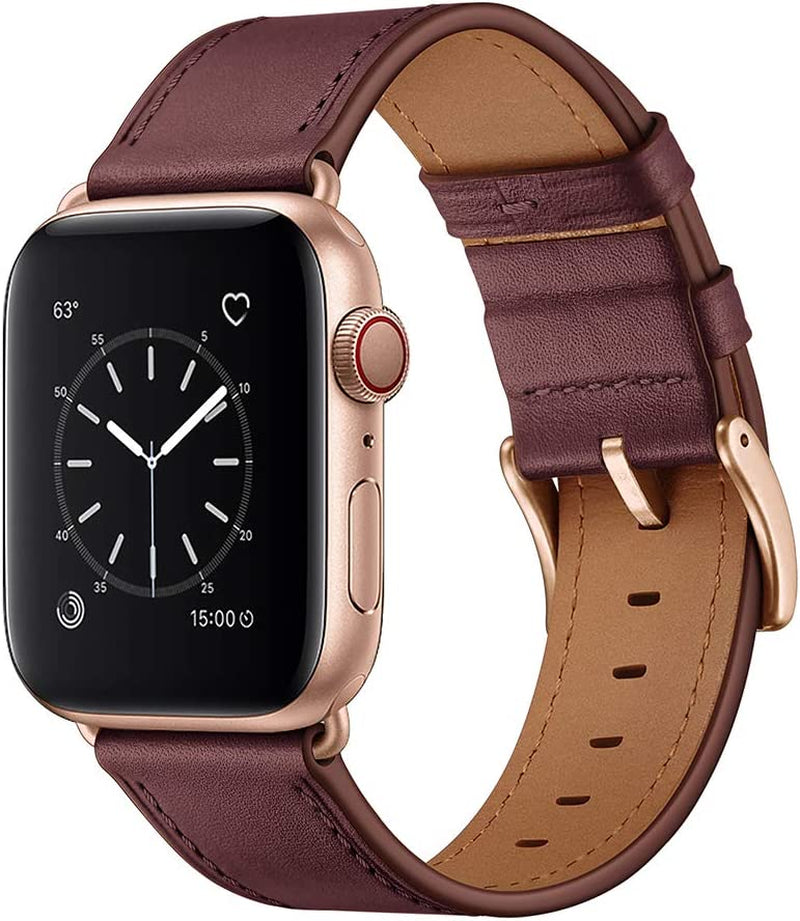 OUHENG Compatible with Apple Watch Band 49Mm 45Mm 44Mm 42Mm, Genuine Leather Band Replacement Strap Compatible with Apple Watch Ultra Series 8/7/6/5/4/3/2/1/SE/SE2, Black Band with Black Adapter  OUHENG Wine Red/Rose Gold 49mm/45mm/44mm/42mm 