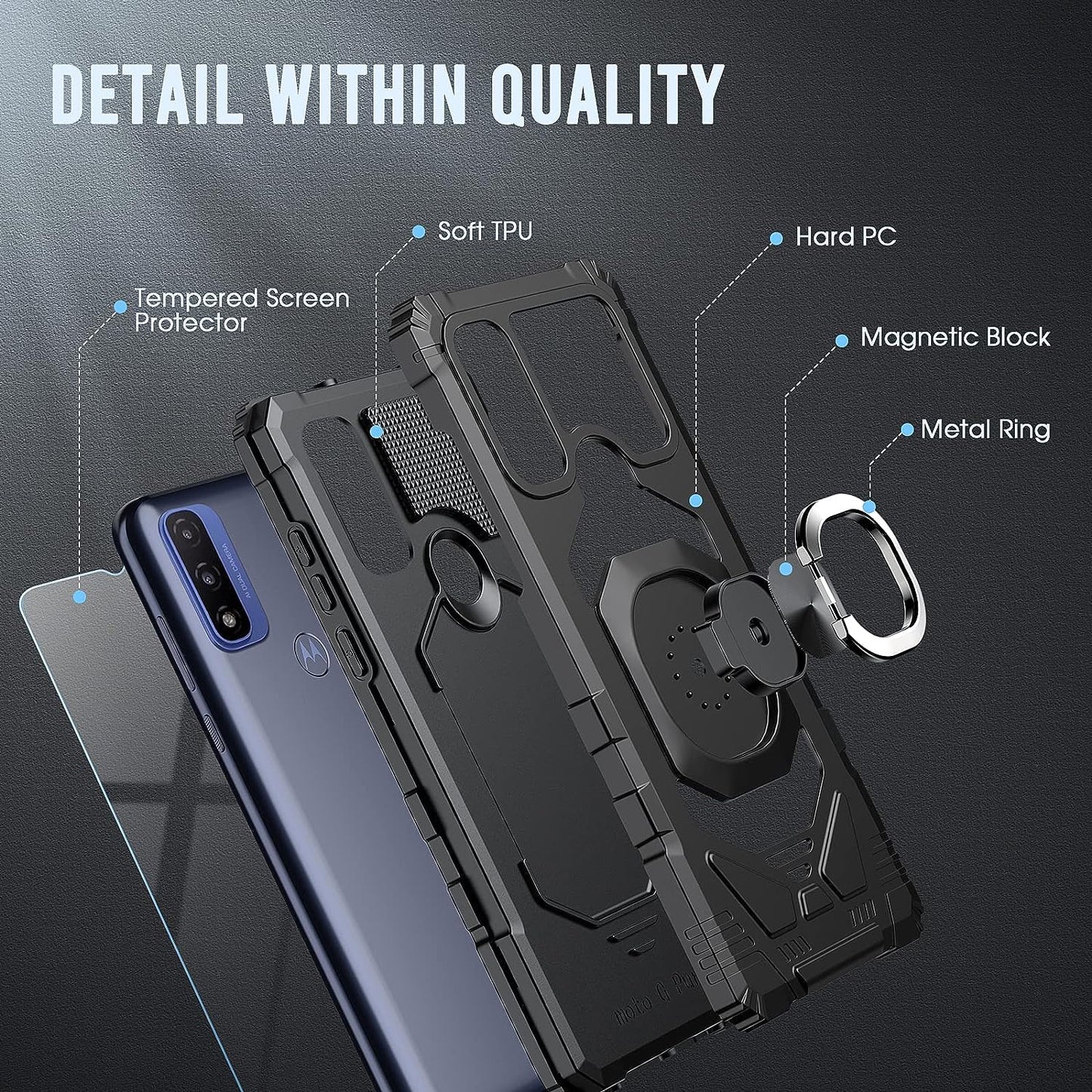 For Motorola Moto-G Pure Case: with Tempered Screen Protector & Built in 360° Adjustable Ring Kickstand Shockproof Protection TPU Bumper Armor Design Phone Cover for Moto G Pure - Black  TUNKARMOR   