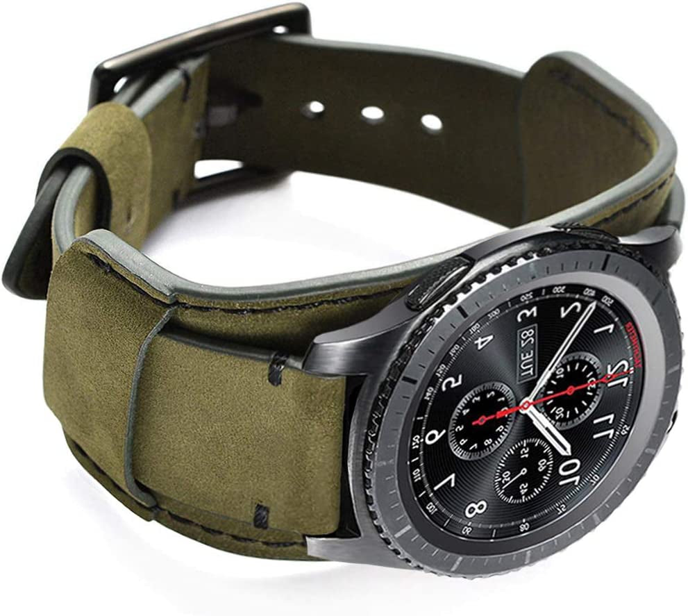 Hepsun Compatible with Samsung Galaxy Watch 5/Watch 4/Watch 42Mm/Watch 3 41Mm/Active 40Mm/Active 2/Gear S2 Classic/Sport /Fossil Q Gazer/Ticwatch 2/Garmin Vivoactive 3 Bands, 20Mm Vintage Cuff Genuine Leather Band Strap for Men Women (Black)  Hepsun Army Green  