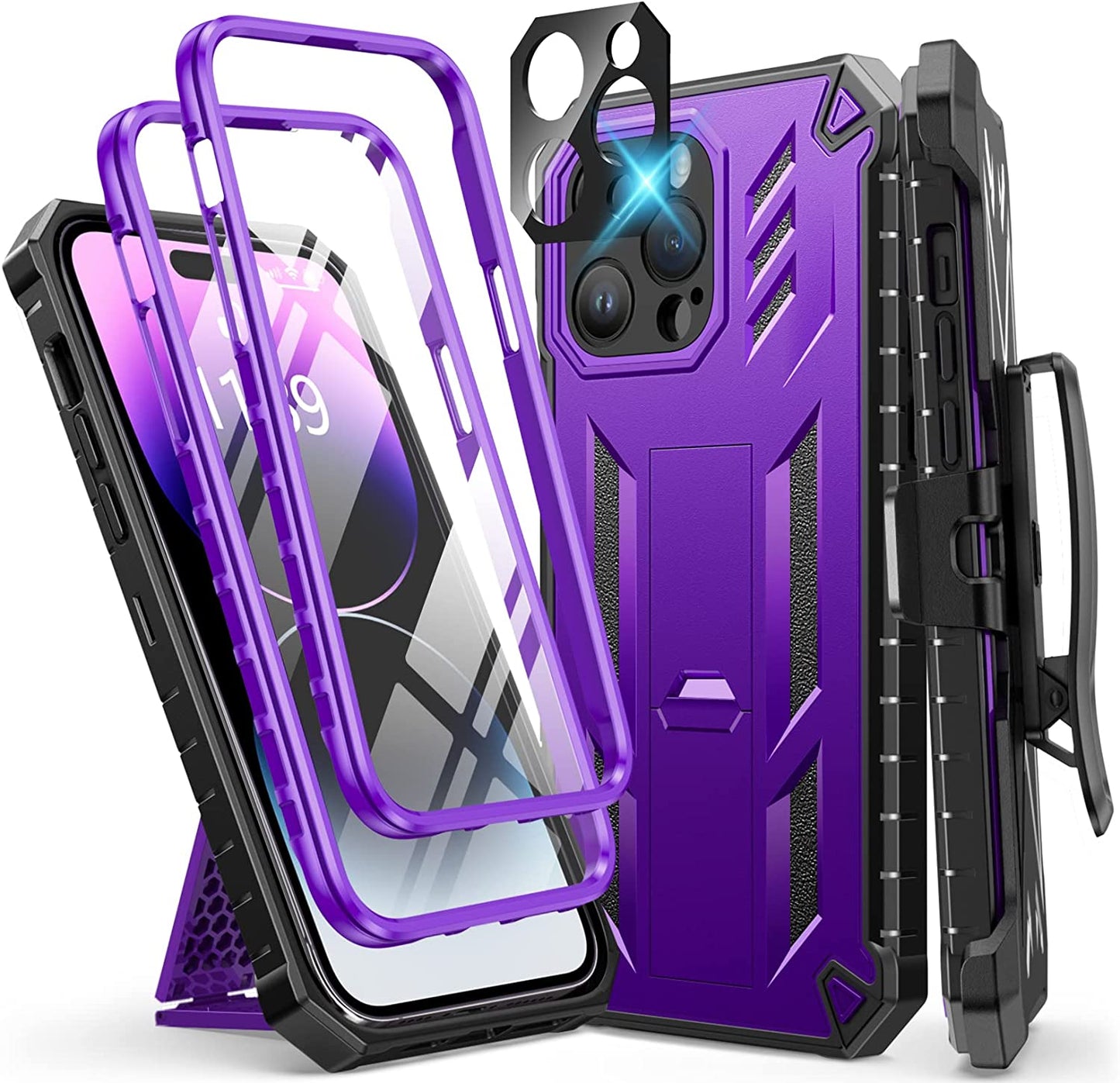 FNTCASE for Iphone 14 Pro Max Case: Military Grade Rugged Cell Phone Cover with Kickstand & Holster | Shockproof TPU Protection Bumper Matte Textured Design for Iphone 14 Pro Max Cases 6.7Inch - Beige  FNTCASE Belt-Clip  Kickstand Purple  