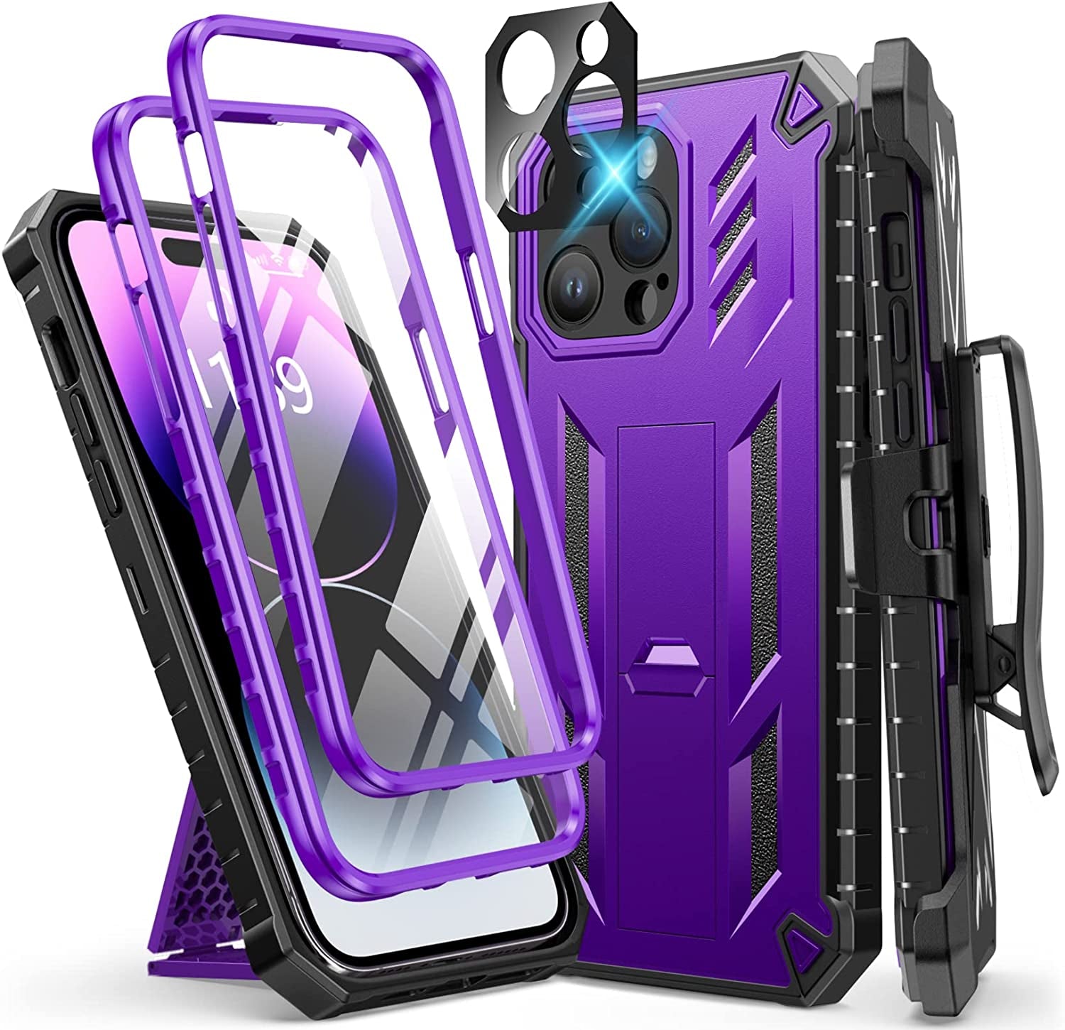 FNTCASE for Iphone 14 Pro Max Case: Military Grade Rugged Cell Phone Cover with Kickstand & Holster | Shockproof TPU Protection Bumper Matte Textured Design for Iphone 14 Pro Max Cases 6.7Inch - Beige  FNTCASE Belt-Clip  Kickstand Purple  