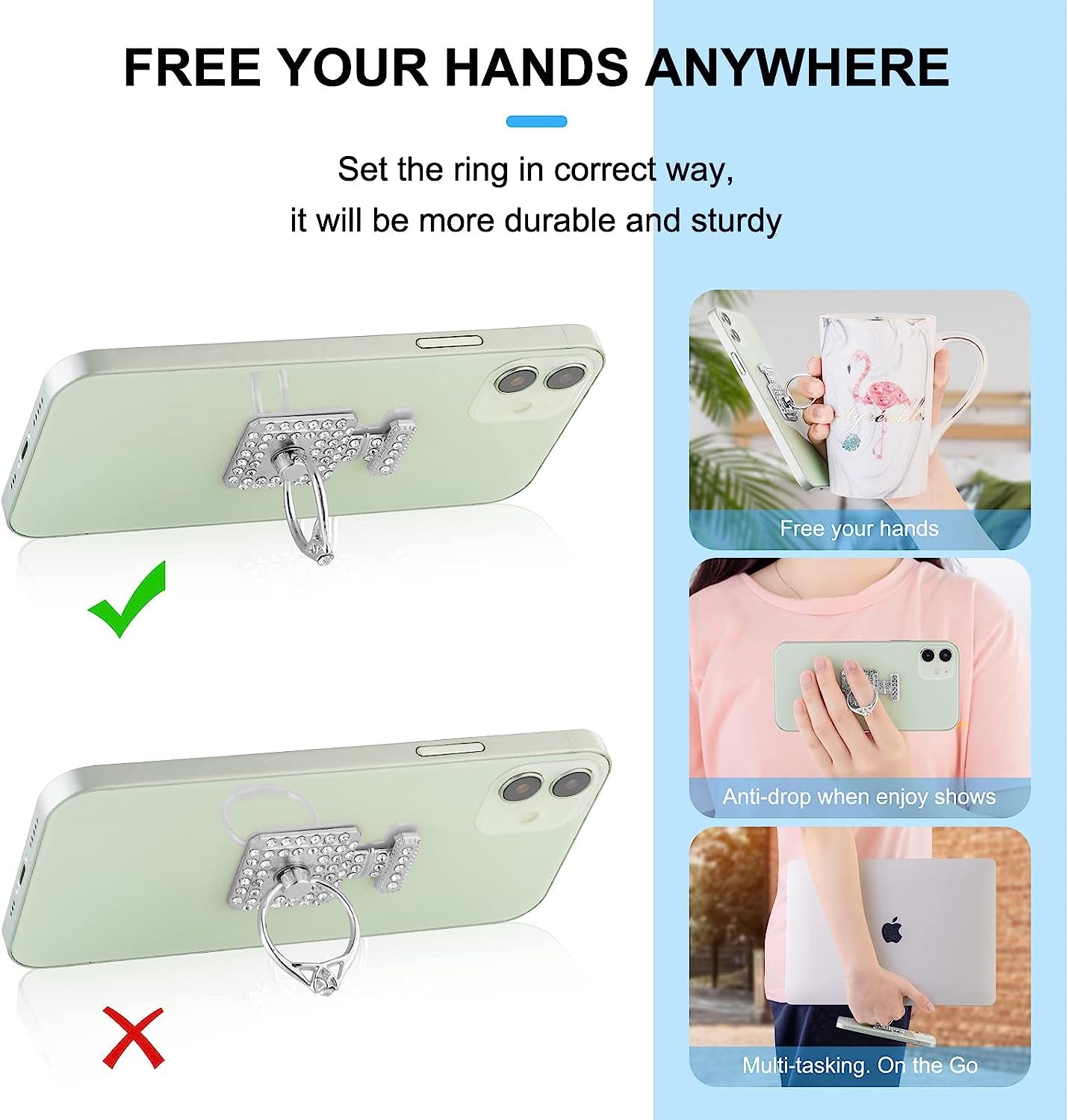 Cell Phone Ring Stand Holder Grip, 360° Cell Phone Ring Holder Stand Finger Kickstand, Cell Phone Ring Grip Holder for Back of Phone, Cell Phone Ring Grip Stand Silver Black Rose Gold  Mheijo   