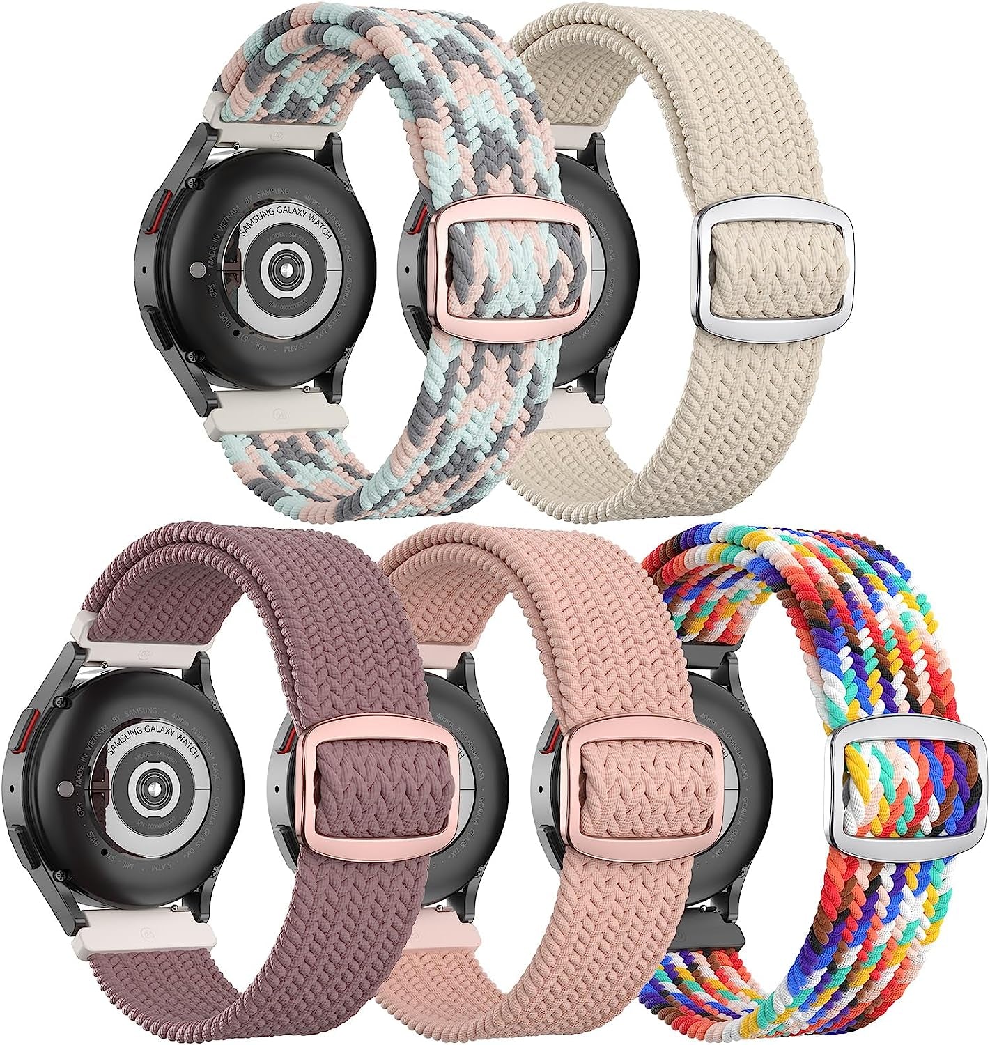 5 Pack Stretchy Nylon Watch Bands Compatible with Samsung Galaxy Watch Active 2 Bands 40Mm 44Mm/ Galaxy Watch 4 Band/Watch 4 Classic Band 42Mm 46Mm, 20Mm Watch Band for Galaxy Watch 3 Band  GrTrees Y-Coral/Starlight/Pride Edition/Dark Pink/Smoke Violet  