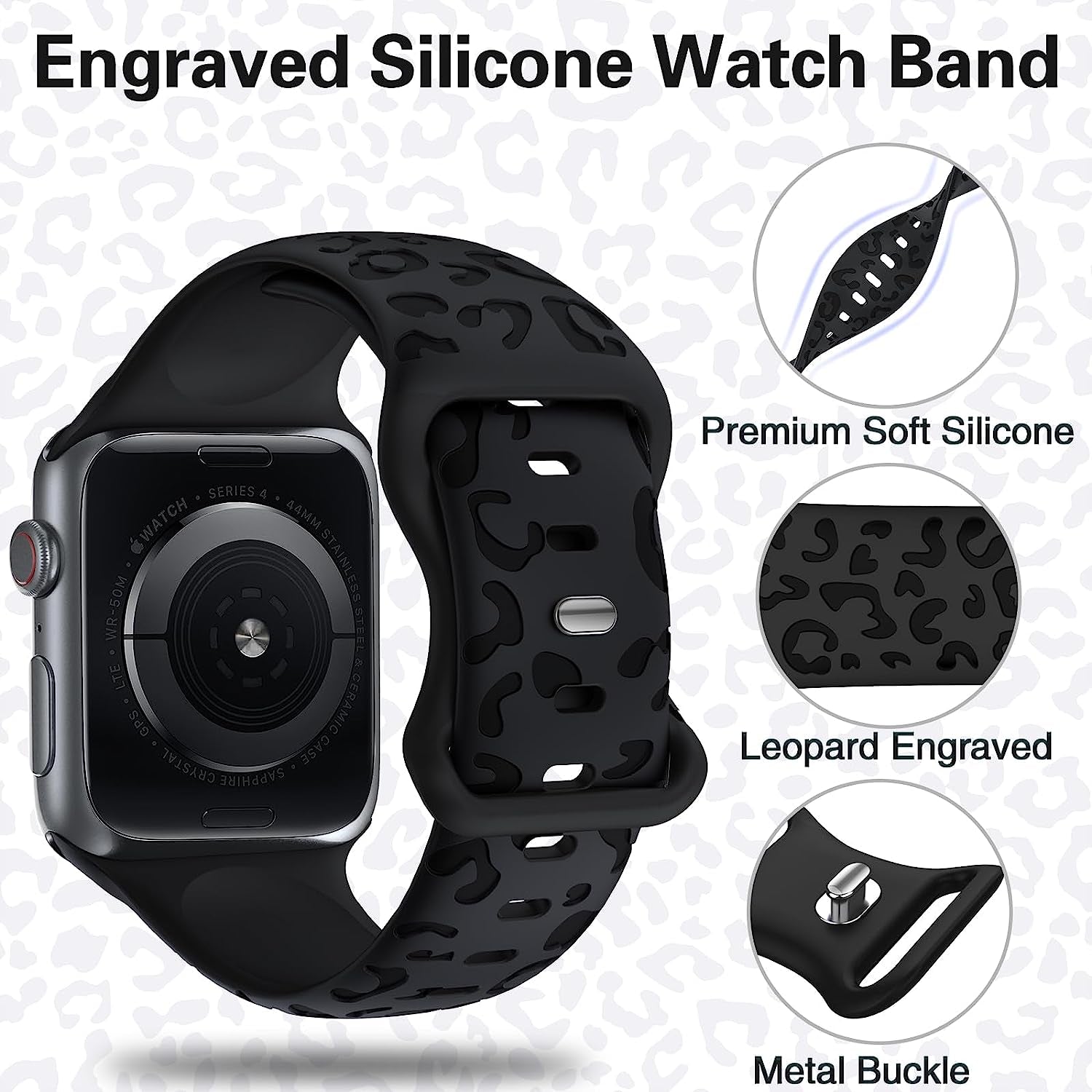 Leopard Engraved Silicone Watch Band for Apple Watch Band 38Mm 40Mm 41Mm 42Mm 44Mm 45Mm Women Men, Waterproof Cheetah Sport Strap Wristbands for Iwatch Series 8 7 6 SE 5 4 3 2 1  Alibaydoo   