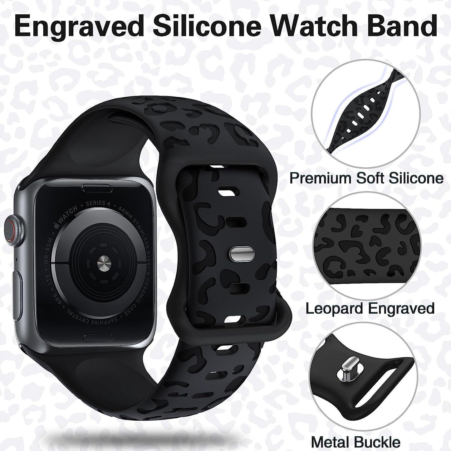 Leopard Engraved Silicone Watch Band for Apple Watch Band 38Mm 40Mm 41Mm 42Mm 44Mm 45Mm Women Men,Waterproof Cheetah Sport Strap Wristbands for Iwatch Series 8 7 6 SE 5 4 3 2 1  Alibaydoo   