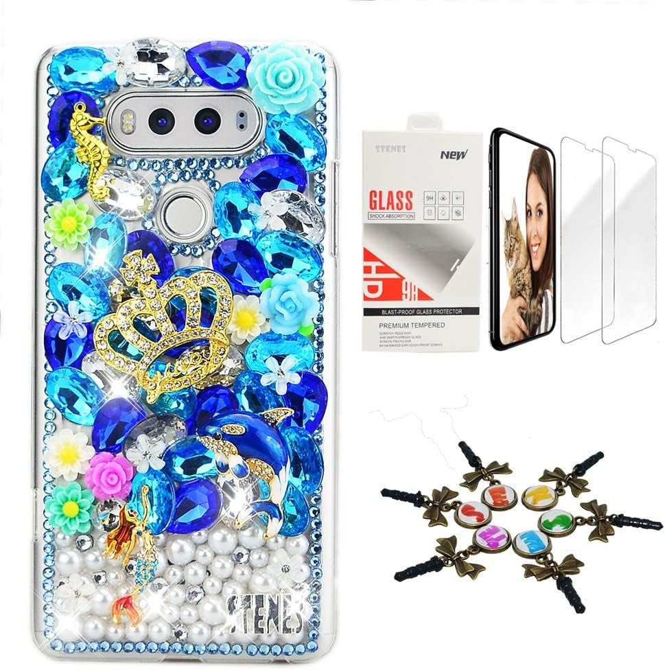 STENES Bling Case Compatible with LG G6 / LG G6 plus - Stylish - 3D Handmade [Sparkle Series] Girls Mirror Flowers Design Cover with Screen Protector [2 Pack] - Blue  STENES Crown Mermaid Seahorse Dolphin Flowers / Navy Blue Design For Lg V35 Tinq 