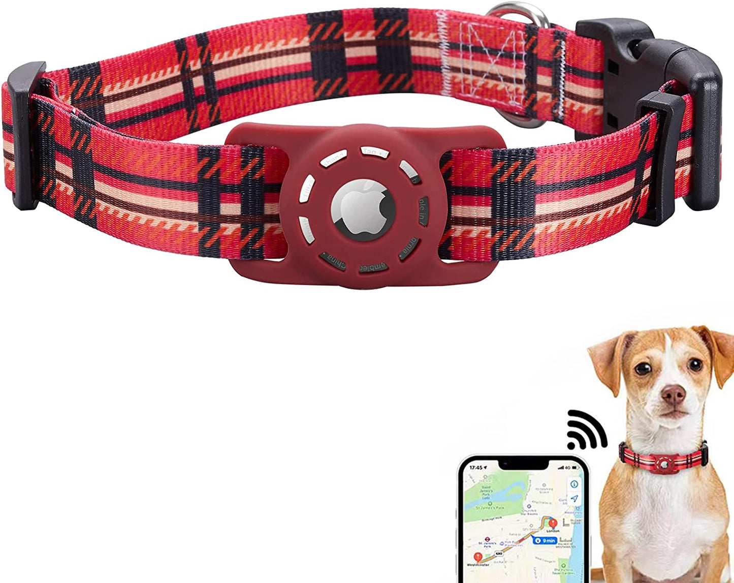 KONITY Reflective Airtag Dog Collar, Compatible with Apple Airtag, Nylon Pet Cat Puppy Collar with Silicone Airtag Holder for Small, Medium, Large, and Extra Large Dogs  Konity Red Plaid S: 9.8"-15.7" neck 