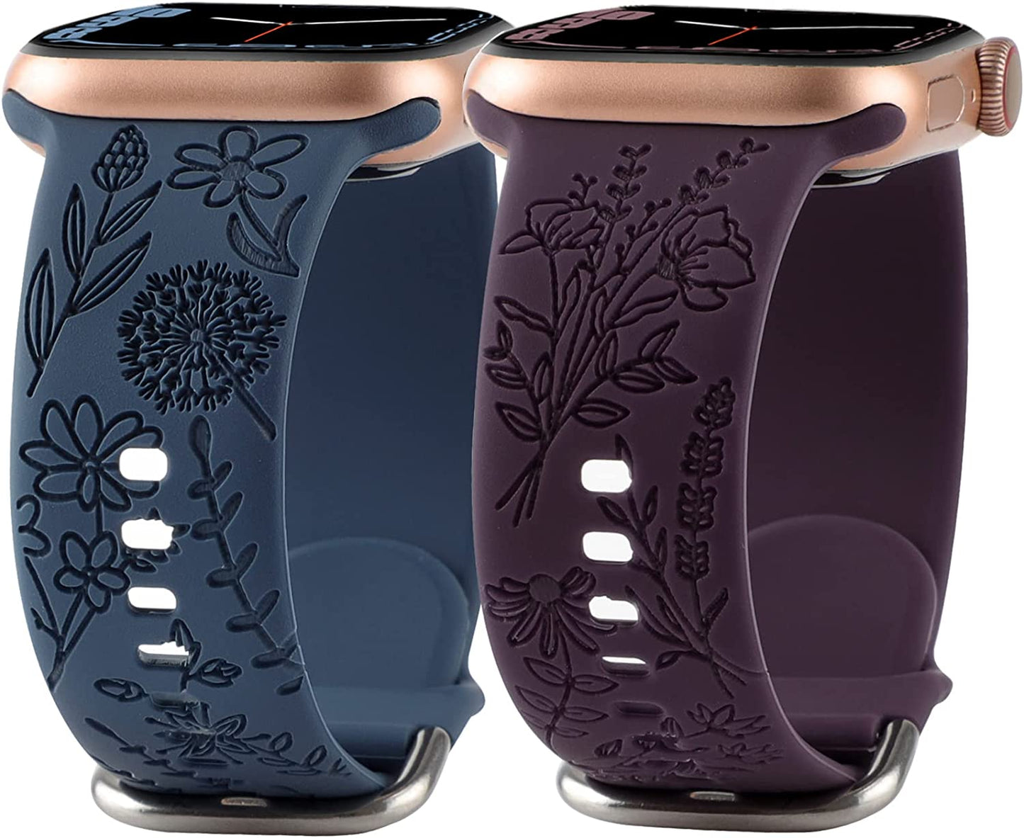 Flower Engraved Silicone Band Compatible with Apple Watch Bands 38Mm 40Mm 41Mm, Cute Women Wildflowers Floral Design Soft Sport Strap Replacement Wristbands for Iwatch Series 8 7/SE/6/5/4/3/2/1  FERJITGR Navy Color Deep Cherry 38/40/41mm 