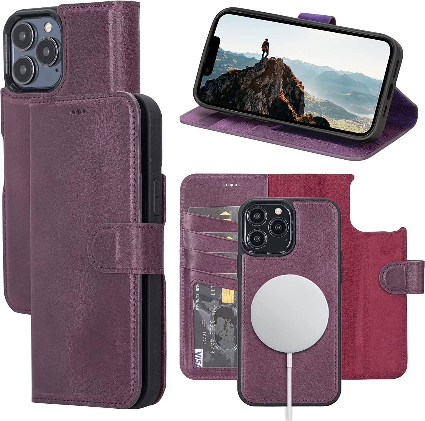 OXA Leather 2-In-1 Wallet Case Compatible with Iphone 14 Pro Max | Magnetic Detachable | Shockproof | RFID Blocking | Flip Case with Kickstand | Compatible with Magsafe | - Purple  OXA   