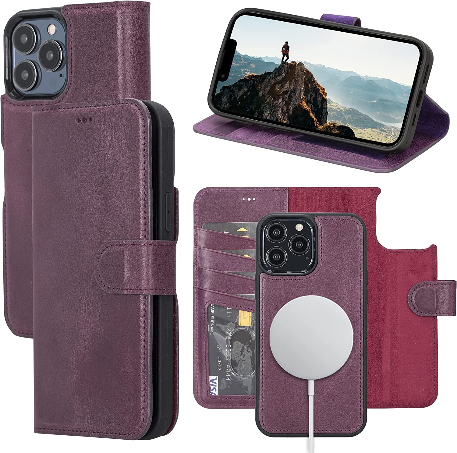 OXA Leather 2-In-1 Wallet Case Compatible with Iphone 14 Pro Max | Magnetic Detachable | Shockproof | RFID Blocking | Flip Case with Kickstand | Compatible with Magsafe | - Purple  OXA   