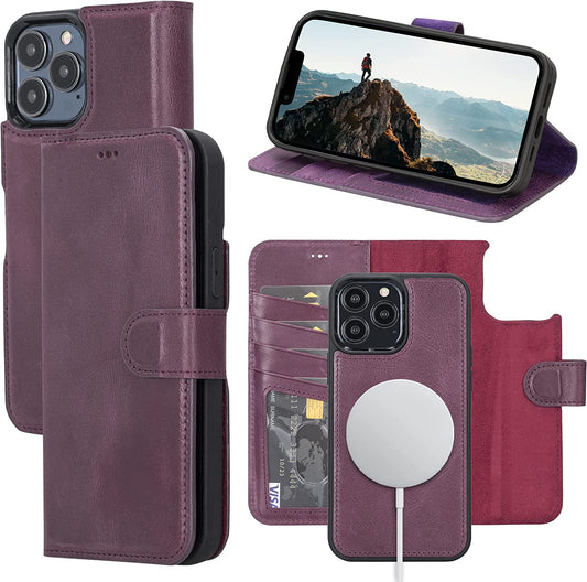 OXA Leather 2-In-1 Wallet Case Compatible with Iphone 14 Pro Max | Magnetic Detachable | Shockproof | RFID Blocking | Flip Case with Kickstand | Compatible with Magsafe | - Purple  OXA   