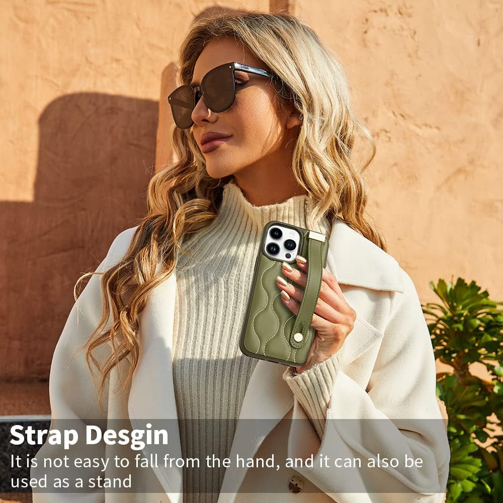 ZVE Designed for Iphone 13 Pro Max Kickstand Case, Quilted Leather Shockproof Case with Stand for Women Strap Cover Case Compatible with Iphone 13 Pro Max, 6.7 Inch-Green  ZVE   