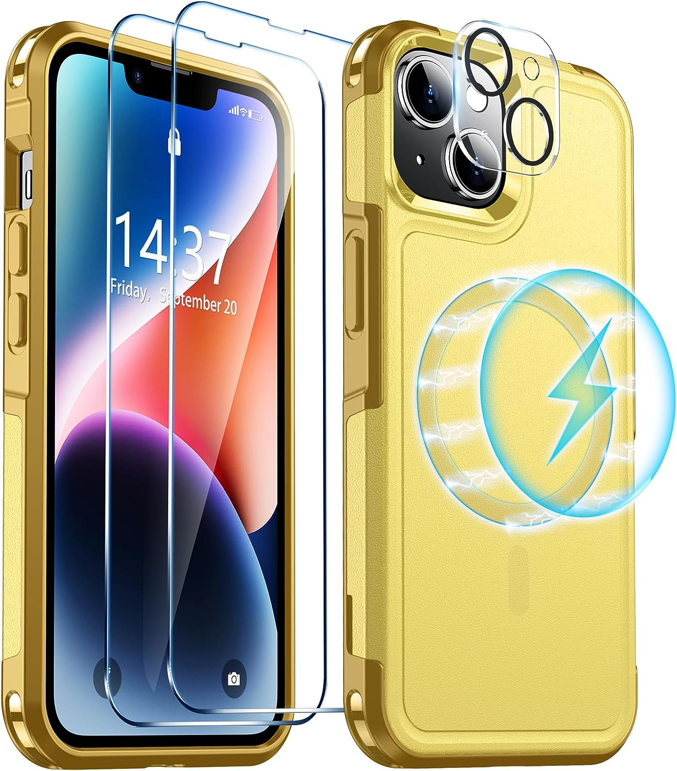 Red2Fire Magnetic for Iphone 14 plus Case [Compatible with Magsafe][Military Grade Drop Protection][Glass Screen Protector+Camera Lens Protector] Heavy Duty Shockproof Phone Case 6.7"-Black  Red2Fire Yellow  