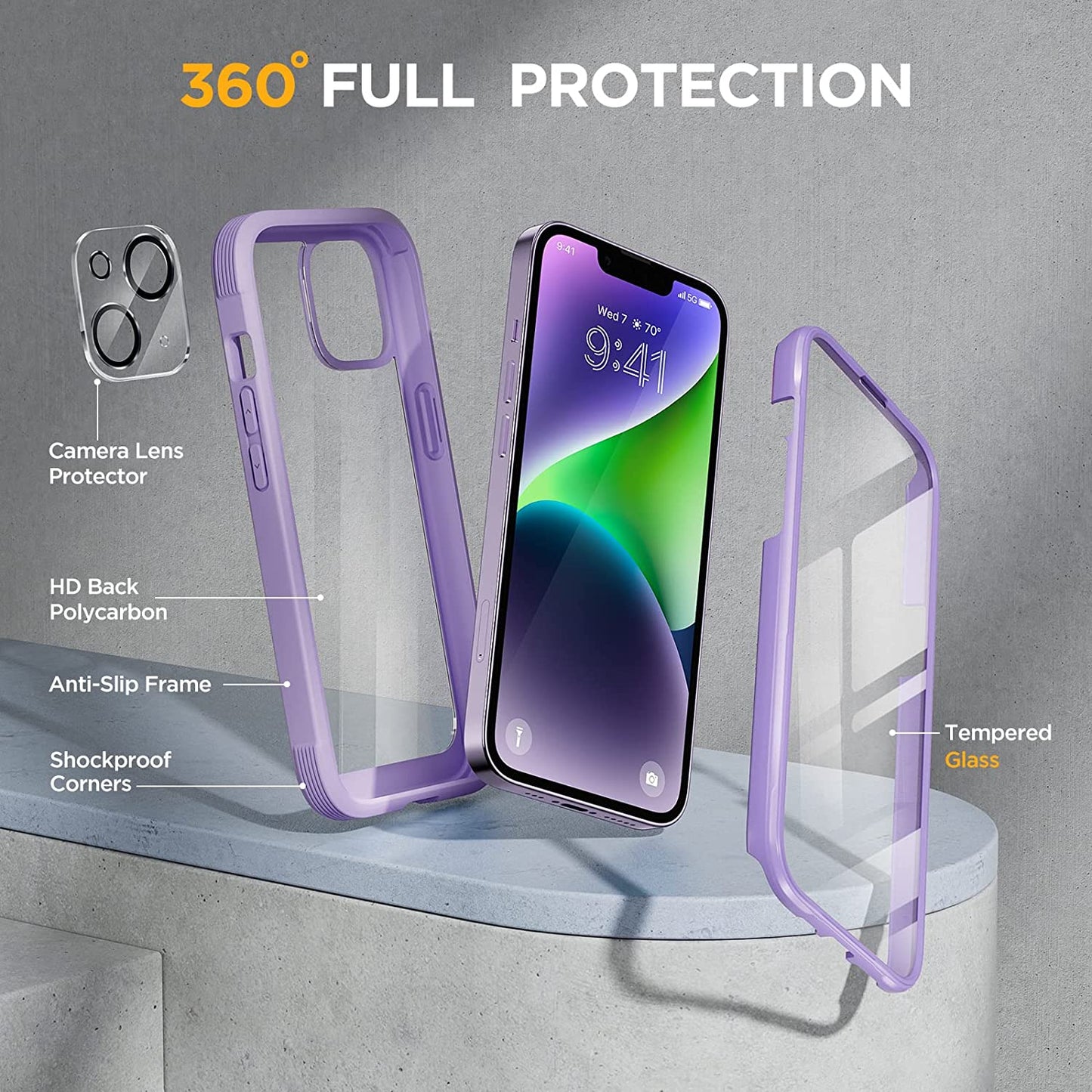 Miracase Glass Series Designed for Iphone 14 Case 6.1 Inch, 2023 Upgrade Full-Body Clear Bumper Case with Built-In 9H Tempered Glass Screen Protector and Camera Lens Protector,Purple  Miracase   