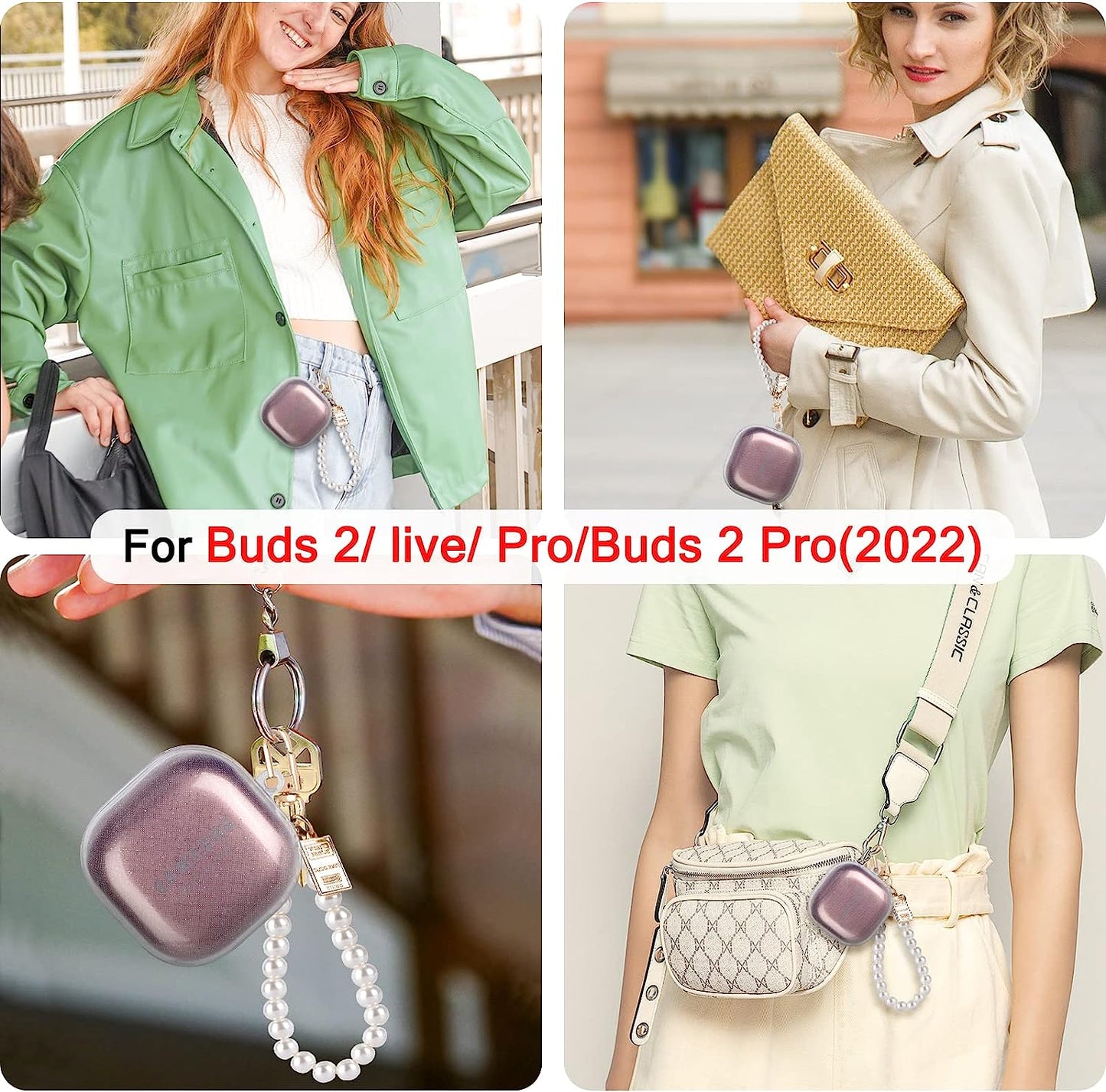 Cute Sparkle Case for Samsung Galaxy Buds 2 Pro(2022)/Galaxy Buds Pro/Buds 2/Buds Live with White Pearl Wrist Keychain for Women Girls Kids Clear Bling Glitter Protective Soft Silicone Cover  DiyGody   