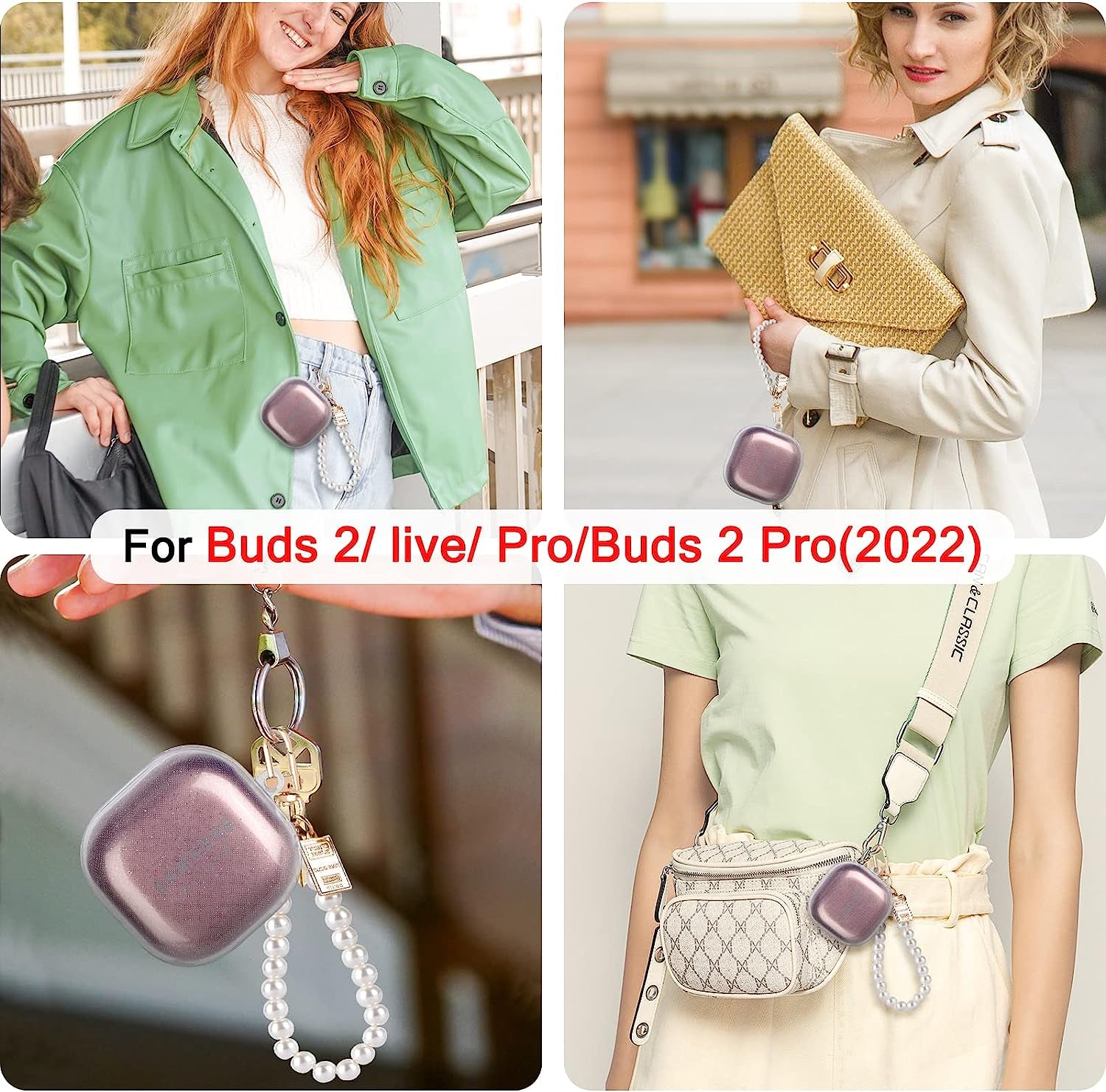 Cute Sparkle Case for Samsung Galaxy Buds 2 Pro(2022)/Galaxy Buds Pro/Buds 2/Buds Live with White Pearl Wrist Keychain for Women Girls Kids Clear Bling Glitter Protective Soft Silicone Cover  DiyGody   