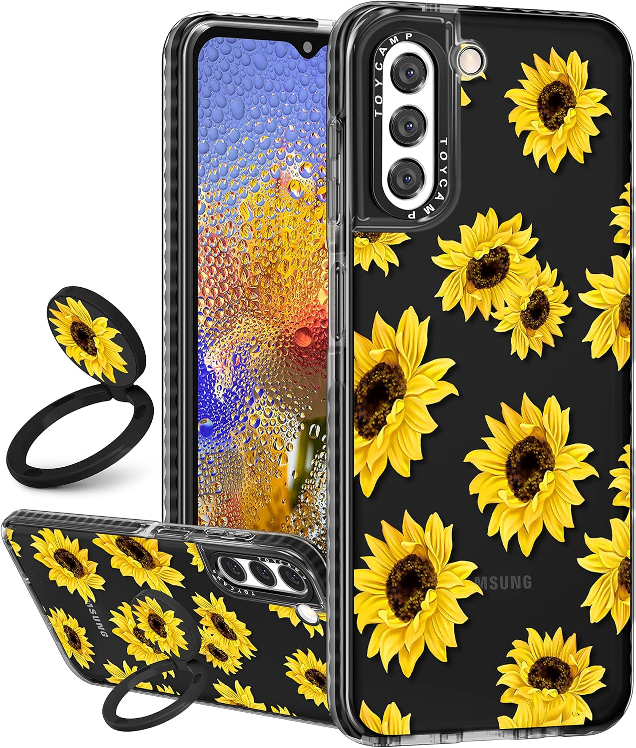 Toycamp for Samsung Galaxy S22 Case for Women, Colorful Butterfly Cute Girly Print Design for Girls Teens Case with Ring Kickstand (6.1 Inch), Black  Toycamp Black Sunflower  