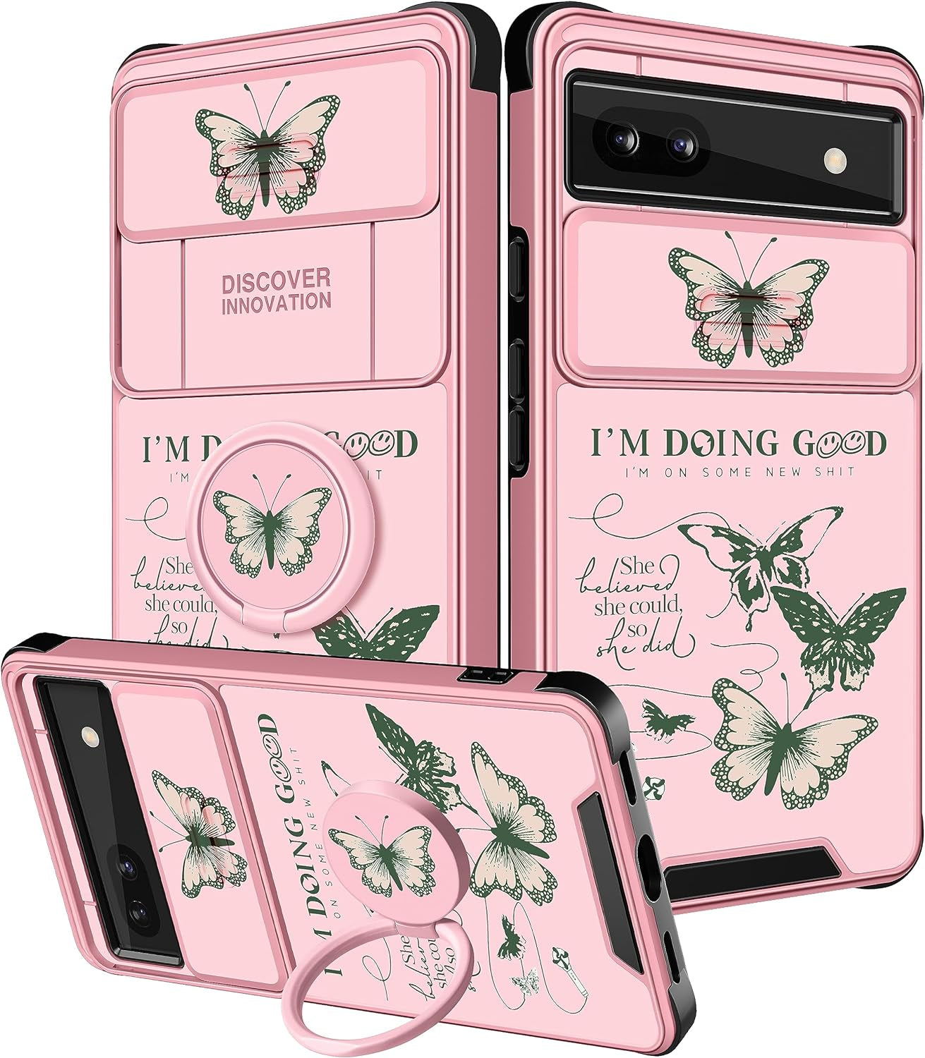 Funermei (2In1 for Google Pixel 6A Case for Women Cute Butterfly Girls Cover Girly Kawaii Aesthetic Butterfly Unique Design with Camera Cover and Ring Stand Funda for Google Pixel 6A Phone Case  Funermei 1-Green Butterfly  