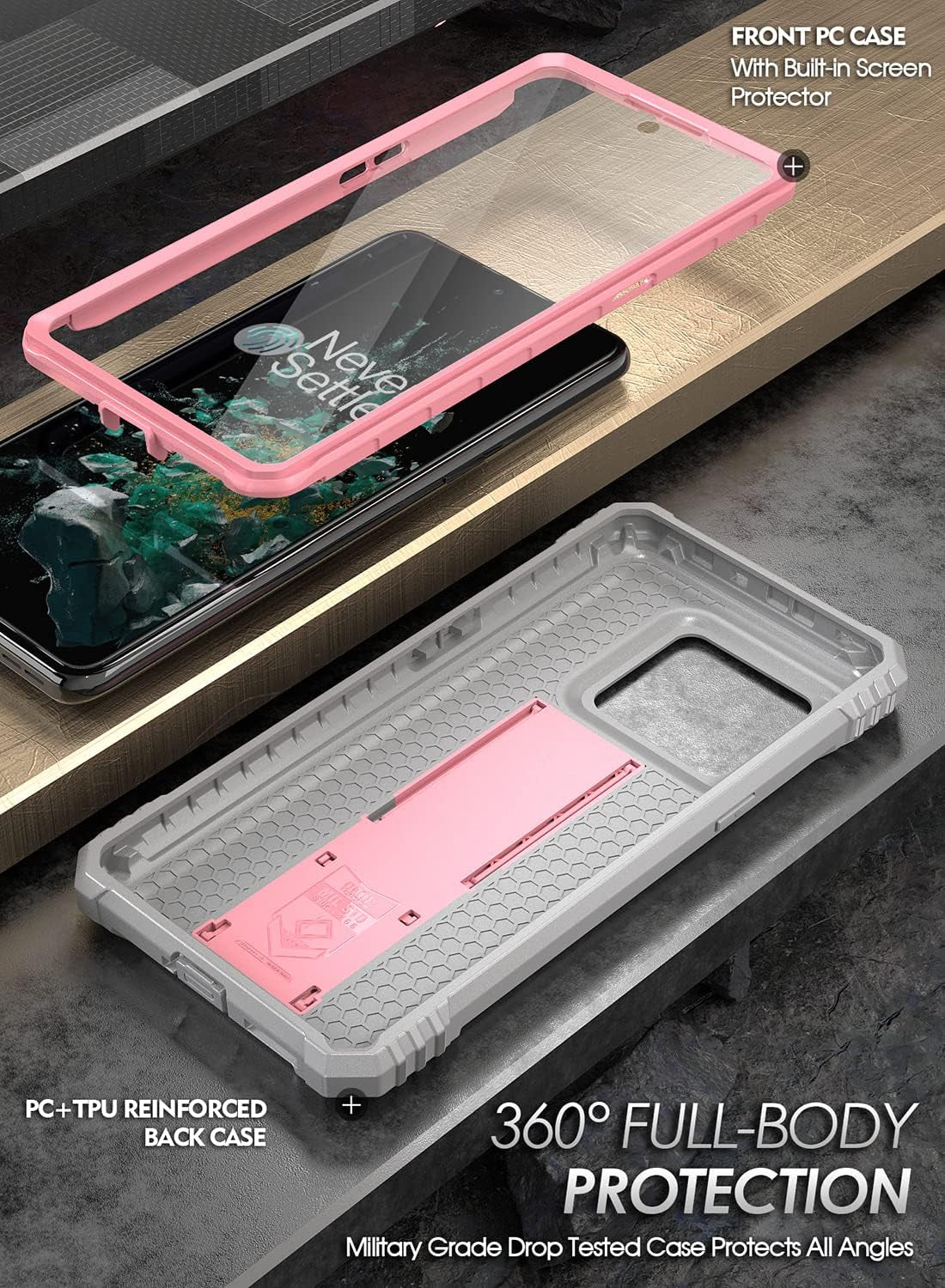 Poetic Revolution Series Designed for Oneplus 10T Case, Full-Body Rugged Dual-Layer Shockproof Protective Cover with Kickstand and Built-In-Screen Protector, Light Pink  Poetic   