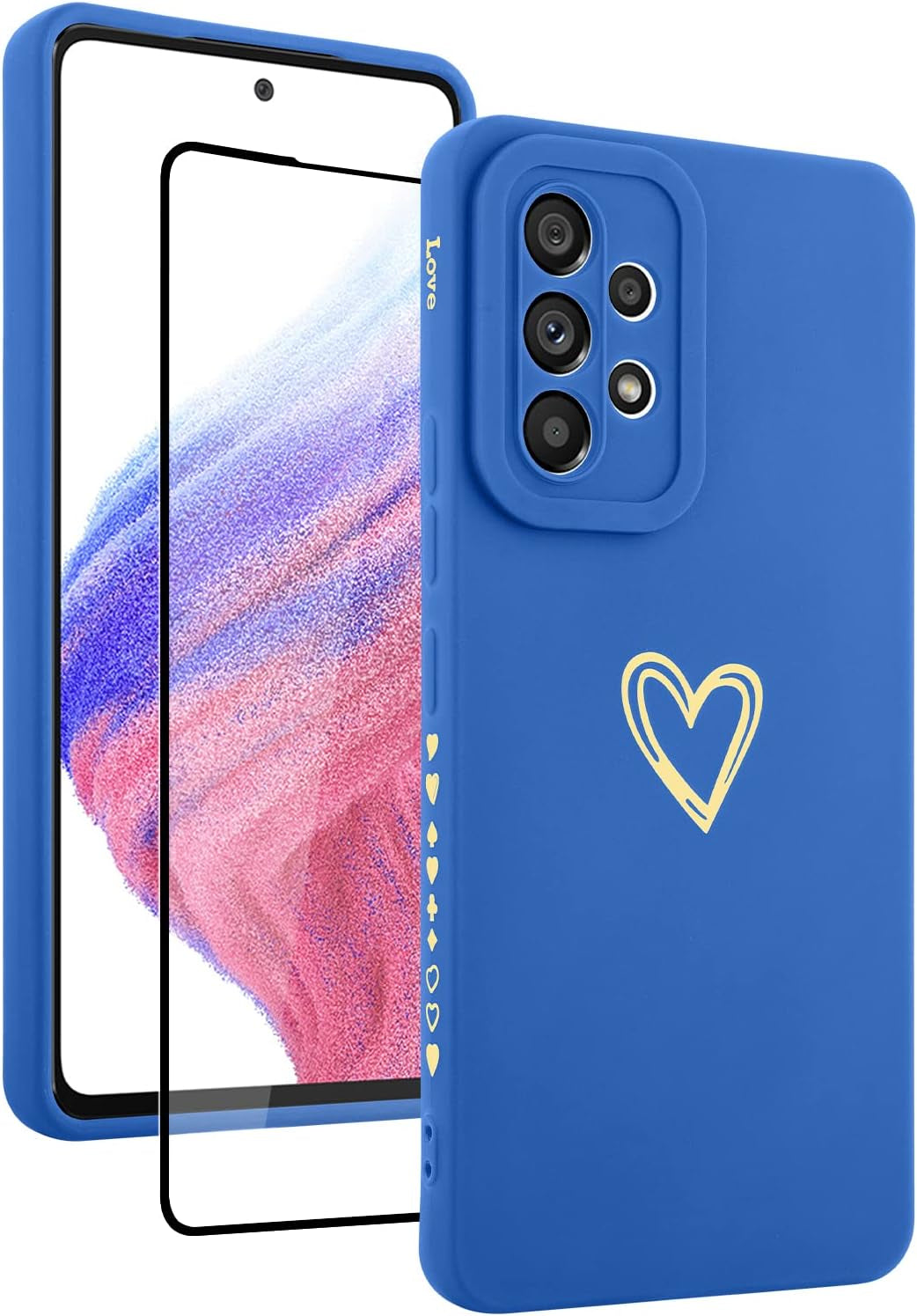 Fiyart Designed for Samsung Galaxy A53 5G Case Love Heart Design for Women Girls Soft TPU Plating Full Camera Lens Protection Phone Cover Bumper with Screen Protector for Galaxy A53 5G 6.5"-Black  Fiyart Dark Blue  