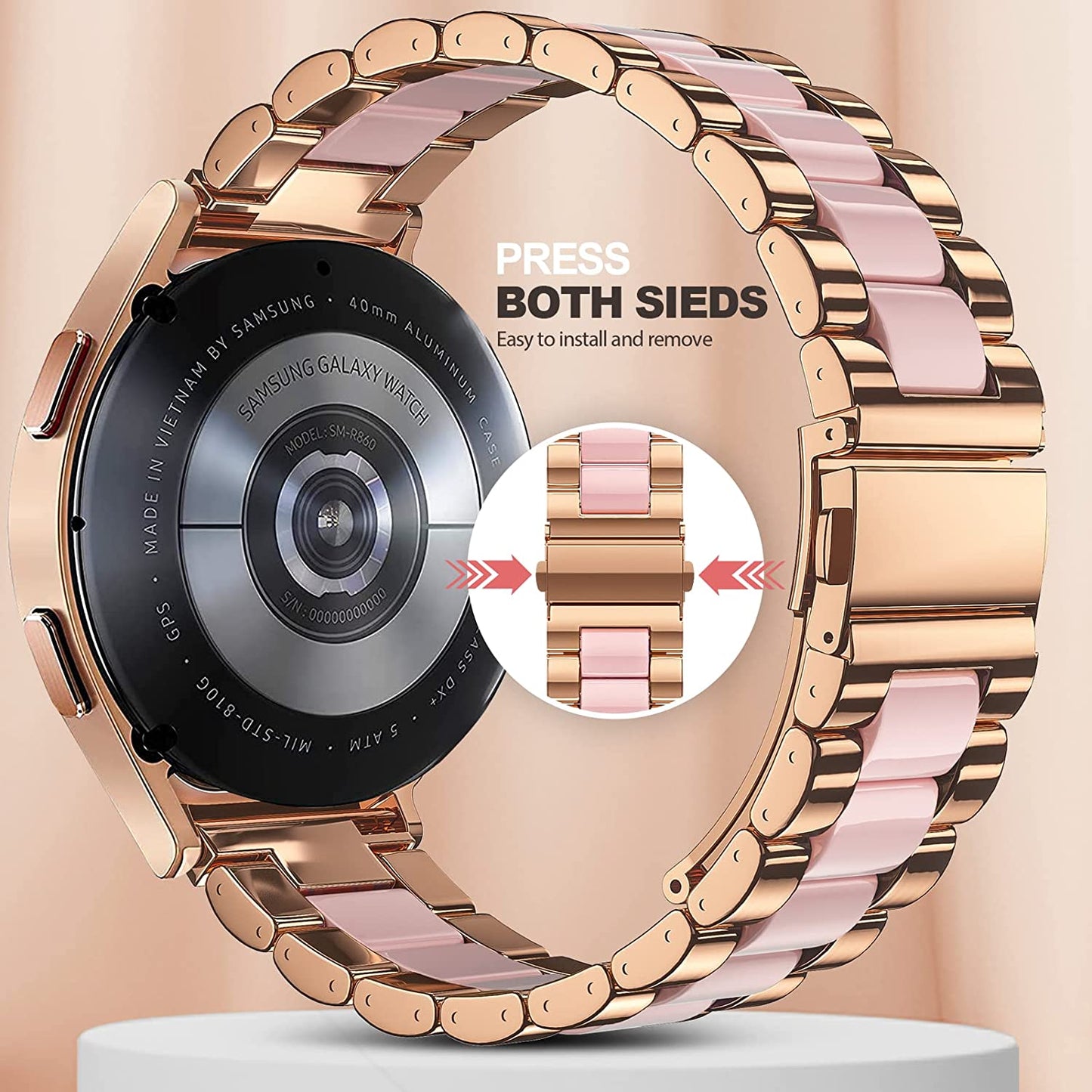 Oribox 20Mm Watch Bands Compatible for Watch Bands, Samsung Galaxy Watch Resin Pink Metal Wristband  ORIbox   