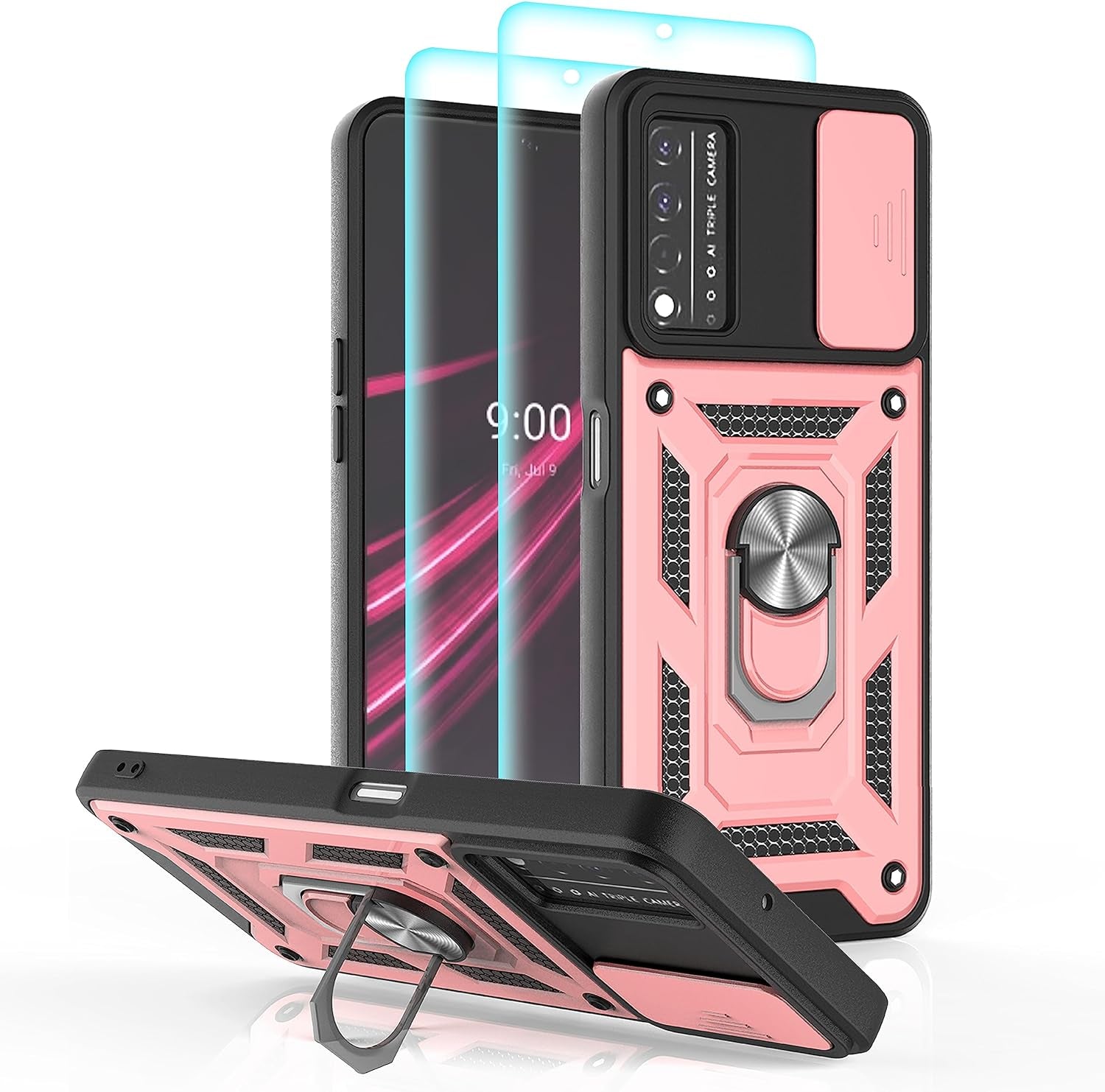 Ymhxcy for T-Mobile Revvl V plus 5G Case with Slide Camera Cover and [2 Pack] HD Screen Protector, Heavy Duty Shockproof Protective Case with Magnetic Metal Stand for Revvl V plus 5G-SJ Rose Gold  YmhxcY   