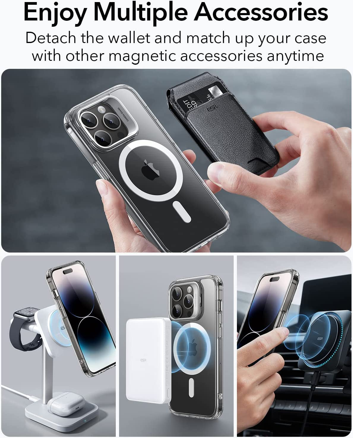 ESR Halolock Magsafe Wallet and Clear Kickstand Case, Compatible with Iphone 14 Pro Max Case, Black Detachable Magsafe Wallet with Adjustable Stand, 3-Card Holder, Military-Grade Protection  ESR   