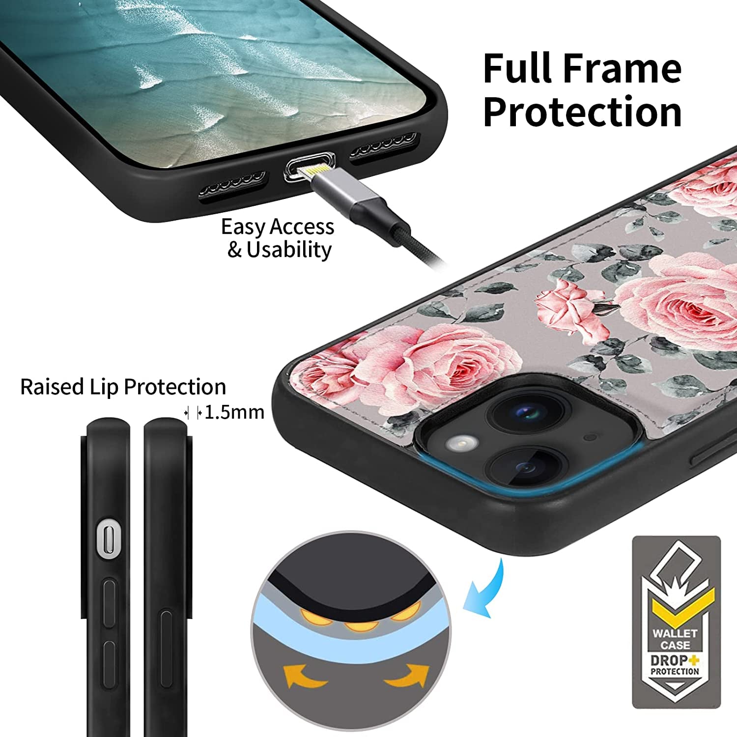 HOGGU Iphone 14 plus Case Wallet [Compatible with Magsafe] Magnetic Detachable Floral Flip PU Leather Case with Card Holder RFID Blocking, Hand Strap, Iphone 14 plus Wallet Case for Women Girls-Gray  HOGGU   