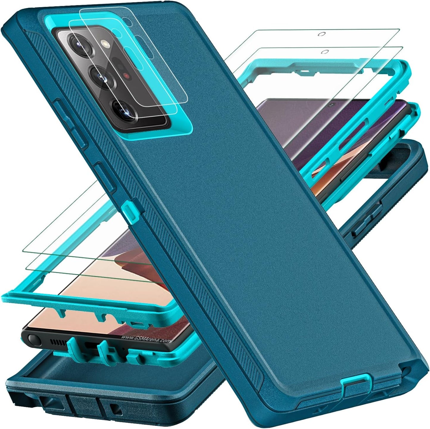 YKHJKLEC for Samsung Galaxy Note 20 Ultra Case, with 2Pcs [Self Healing Flexible TPU Screen Protector & Camera Lens Protector] 3 in 1 Heavy Duty Case for Galaxy Note 20 Ultra 5G (Black/Grey)  YKHJKLEC Blue/Turquoise  