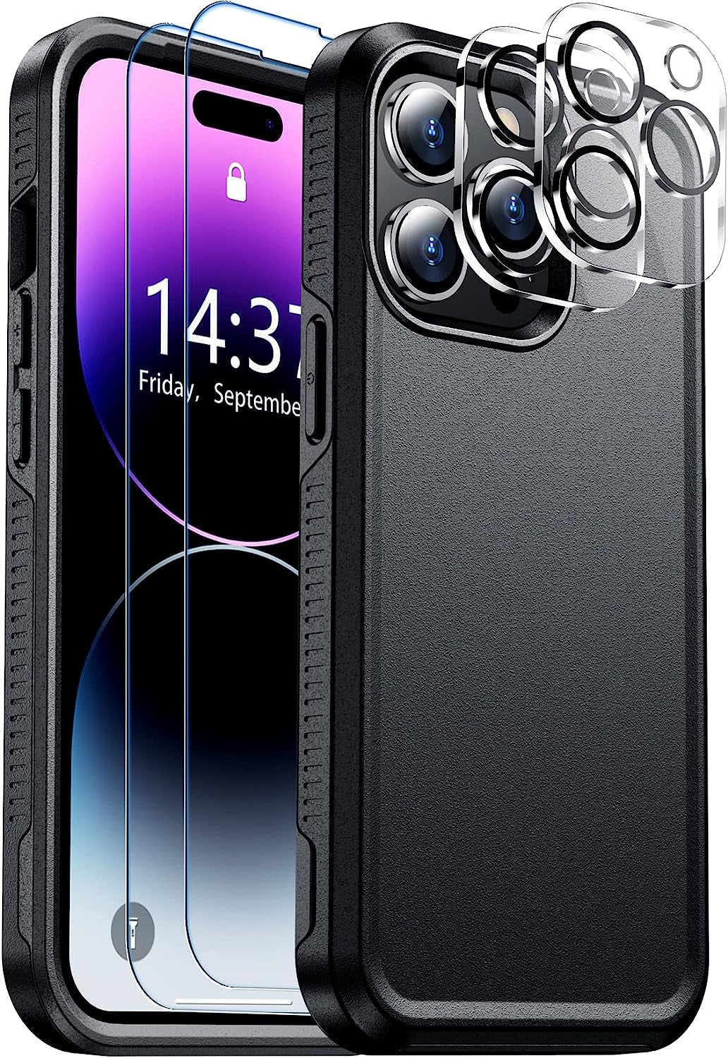 Justcool Designed for Iphone 14 plus Case, [Crystal Clear Not Yellowing] with [2 Pcs Tempered Glass Screen Protectors & 2 Pcs Camera Lens Protector] Slim Thin Protective Phone Case (Clear)  Justcool Black Iphone 14 Pro 