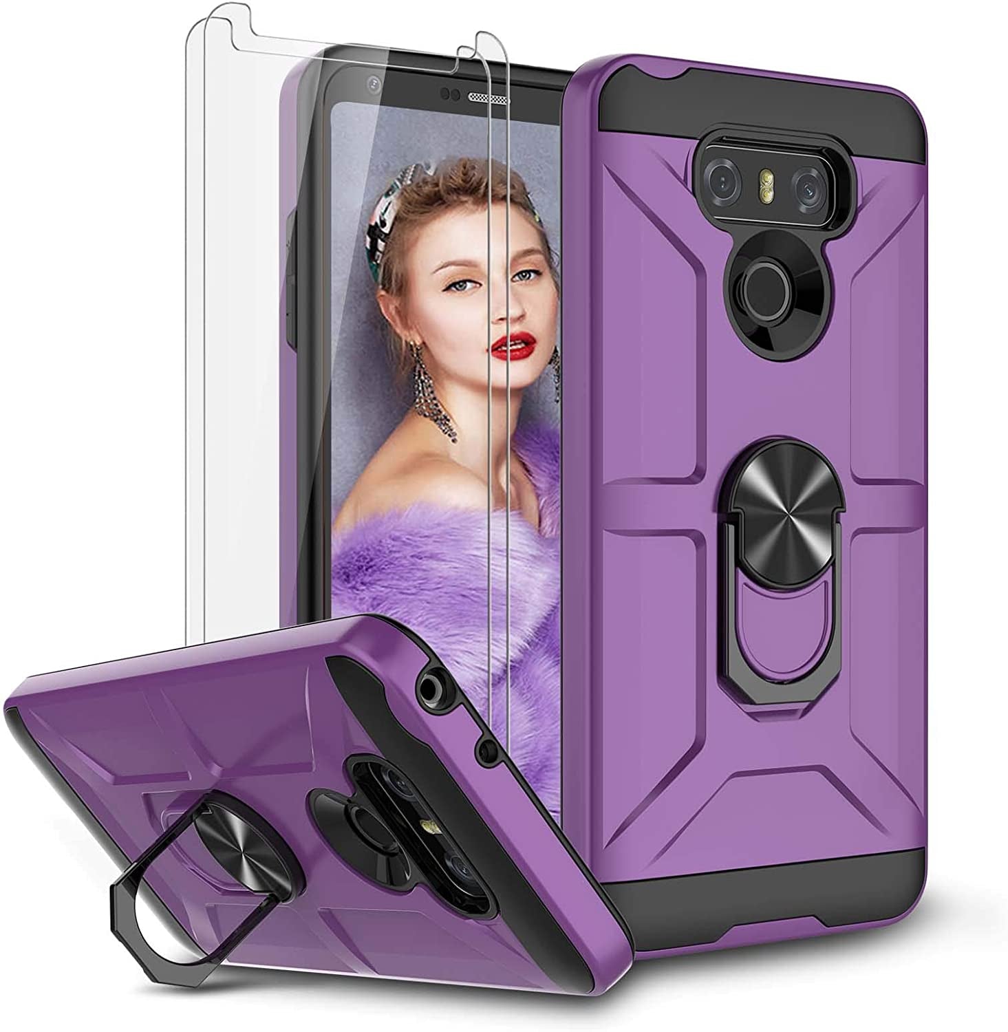 Jeylly Case for LG G6 with Tempered Glass Screen Protector, 360 Rotating Ring Kickstand Holder [Work with Magnetic Car Mount] Armor Defender Shockproof Case for LG G6 2017,Midnight Green  Jeylly Purple  