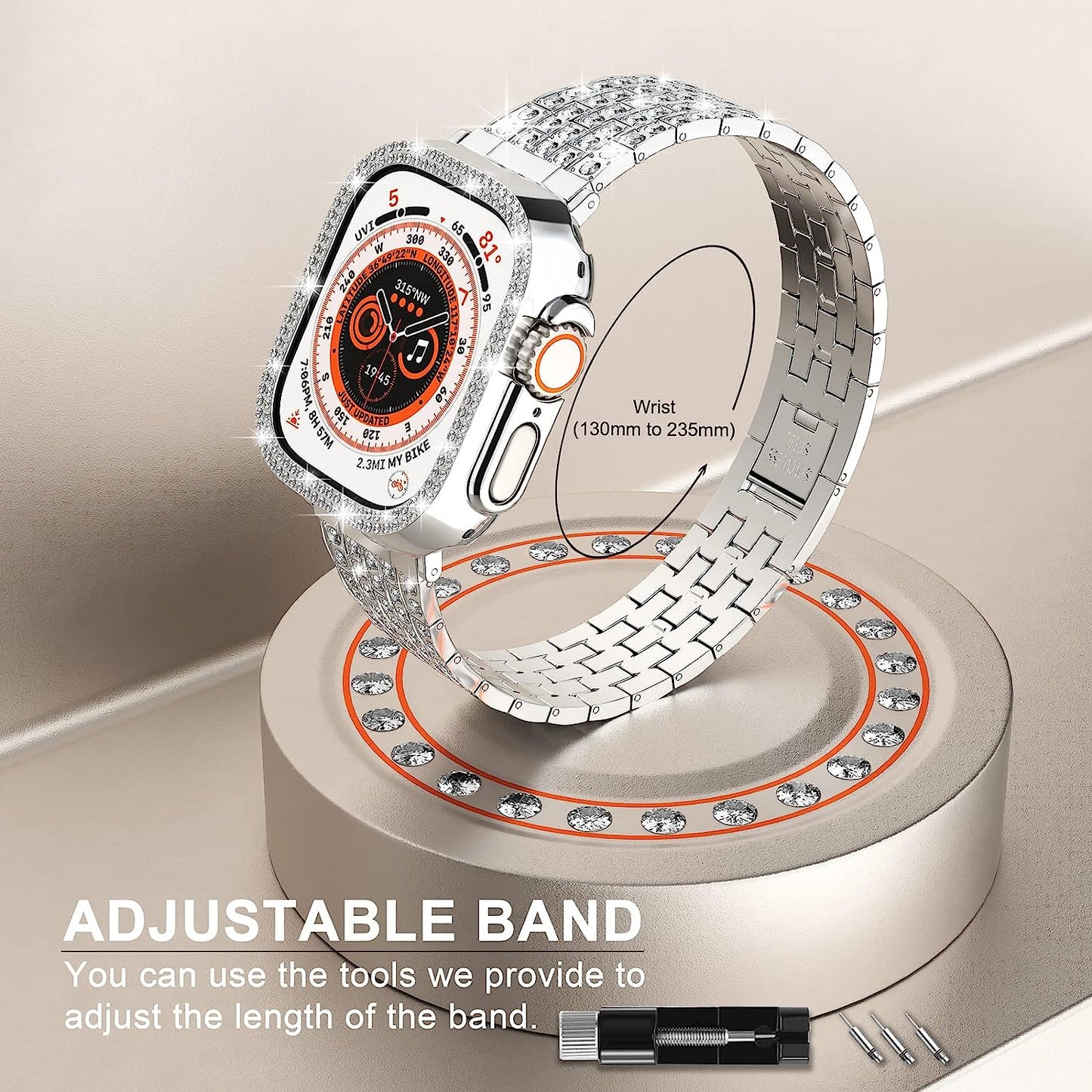 QVLANG Compatible Apple Watch Band Ultra 49Mm, Bling Series Band for Women + Diamond Rhinestone Case, Stainless Steel Metal Bracelet Strap for Iwatch Ultra (Silver, 49Mm)  QVLANG   