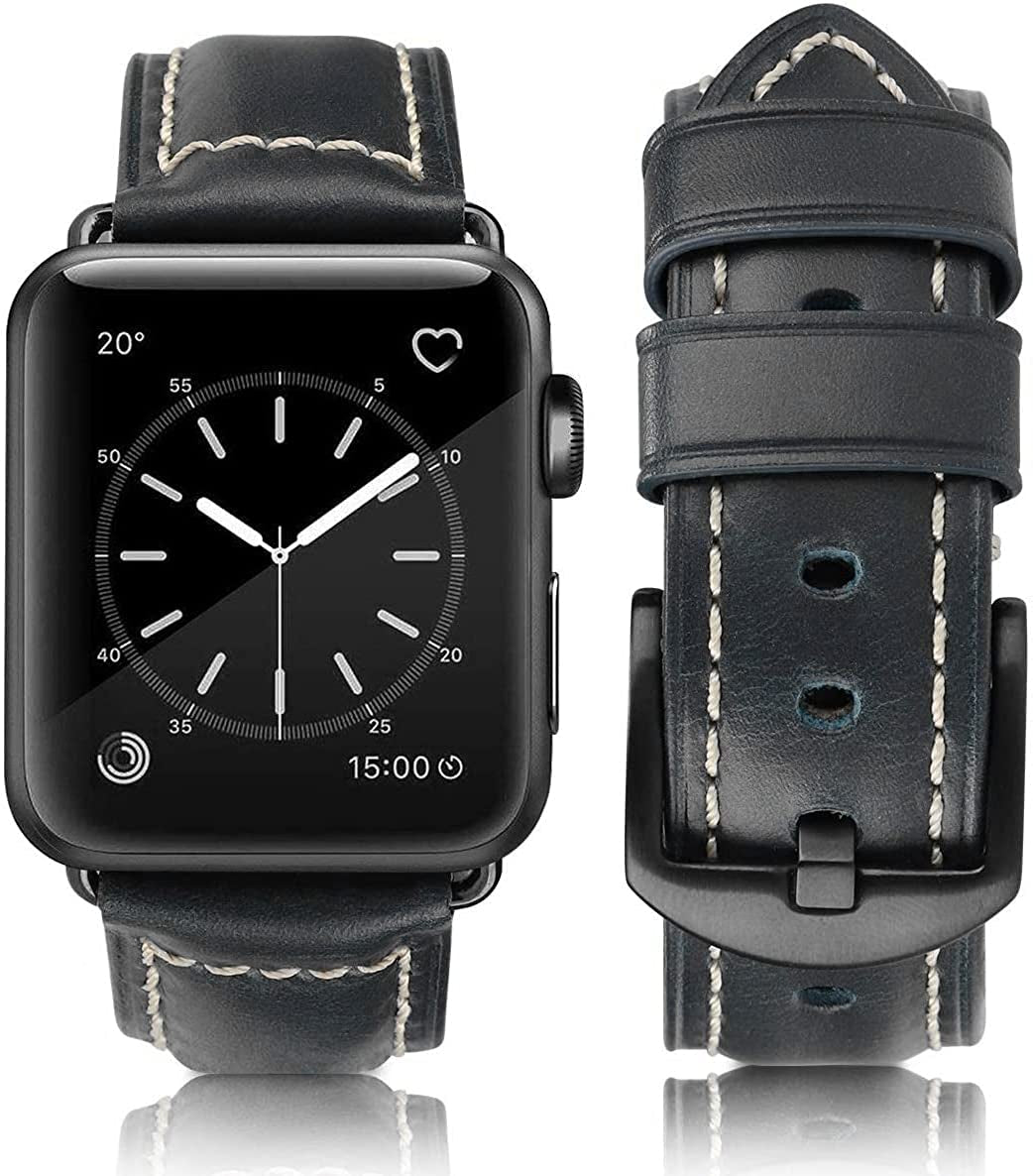 HUAFIY Compatible for Apple Watch Bands 42Mm 44Mm45Mm 49Mm 38Mm 40Mm41Mm, Genuine Leather Band Strap for Iwatch Series 8,7,6,5,4,3,2,1, Ultra Sport SE  huahuei Retro deep blue Black Buckle 42mm 44mm45mm49mm 