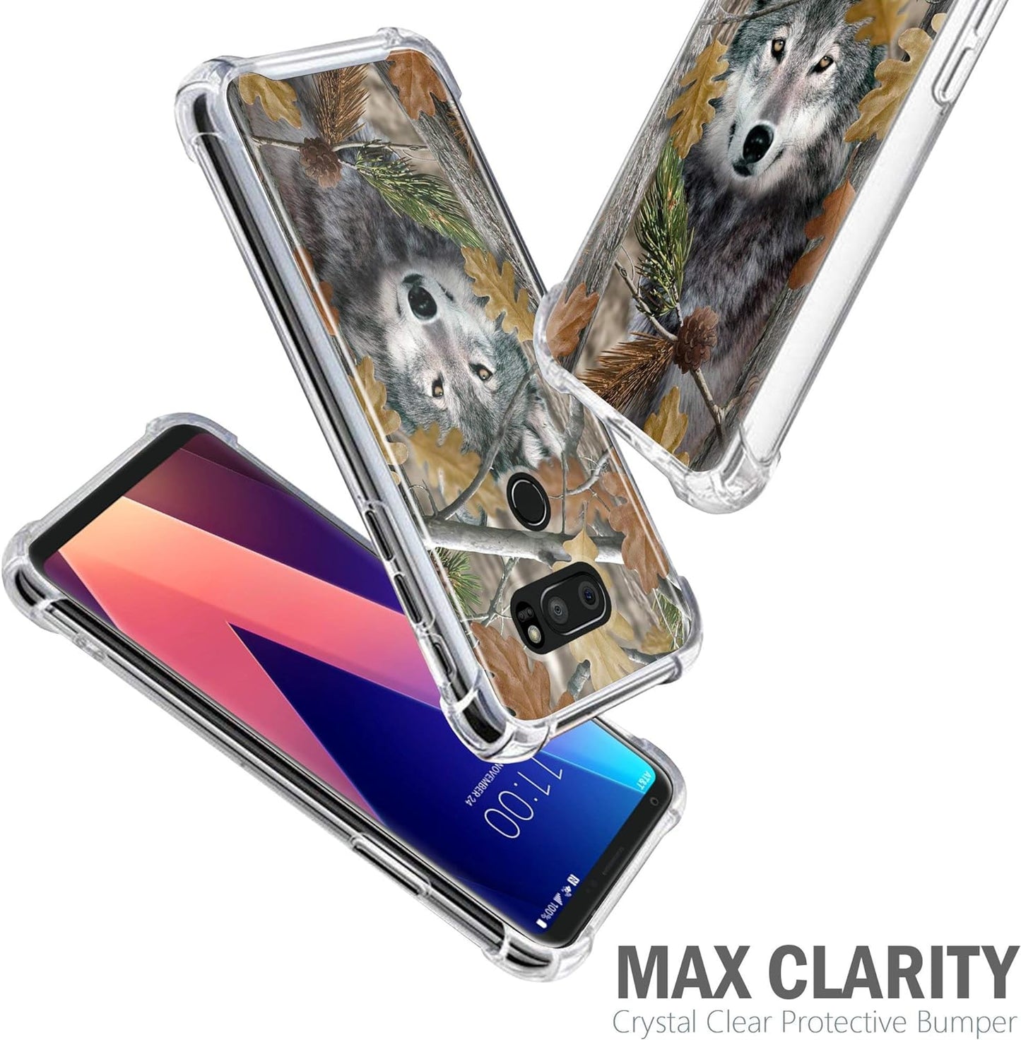 Casesondeck Wolf Case Compatible with [LG V30 and LG V30S Thinq] Hunters Series Max Clarity Bumper, Hard Back Plate Soft TPU Edges for Max Protection (Wolf Tree Camo)  CasesonDeck   