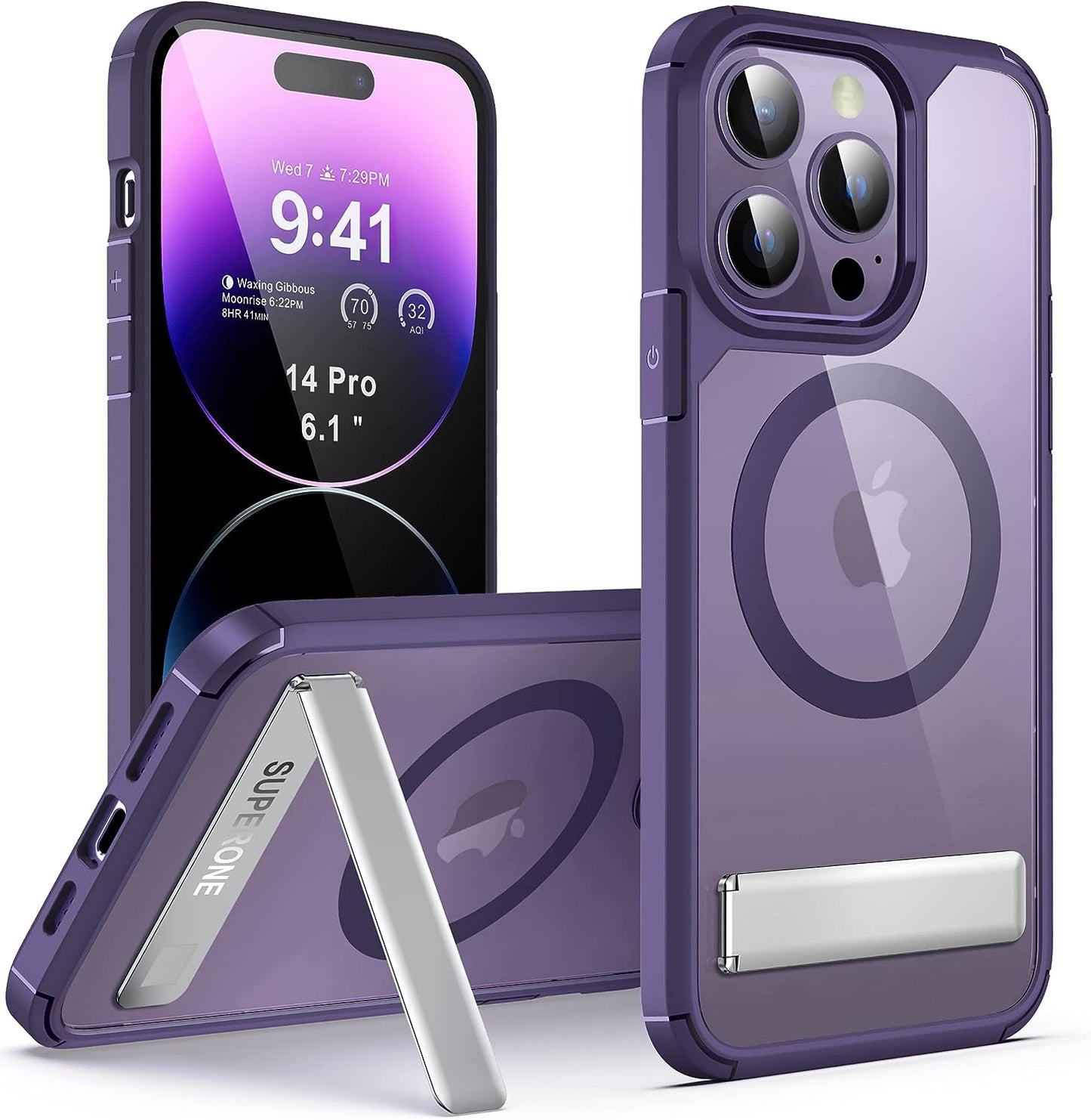 SUPERONE for Iphone 14 Pro Phone Magsafe Case with Stand, Magnetic Phone Case with Slim Adjustable Kickstand & Hard PC Back [10FT Mil-Grade Drop Tested] [Yellow Resistant] for Iphone 14 Pro, 6.1 In  SUPERONE Iphone 14 Pro - Purple  