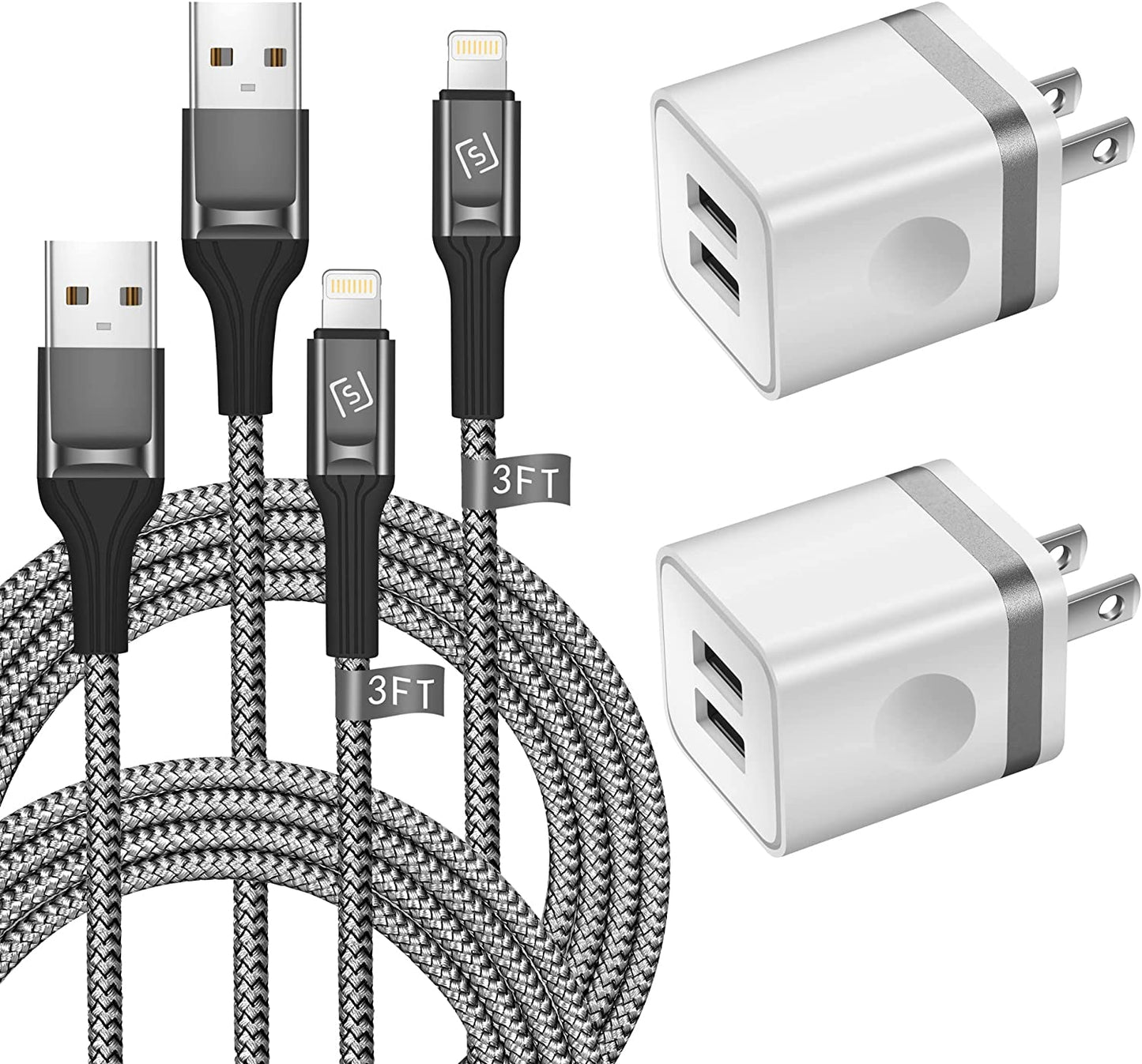 WHIRELEAST Iphone Charger Cable 10 FT with Wall Plug, Braided Long Iphone Charging Cord + Dual USB Wall Charger Block Adapter Compatible with Iphone 12/11/11 Pro Max/Xs/Xr/X/8/7/6 Plus, Ipad (4-Pack)  WHIRELEAST 3 Foot  
