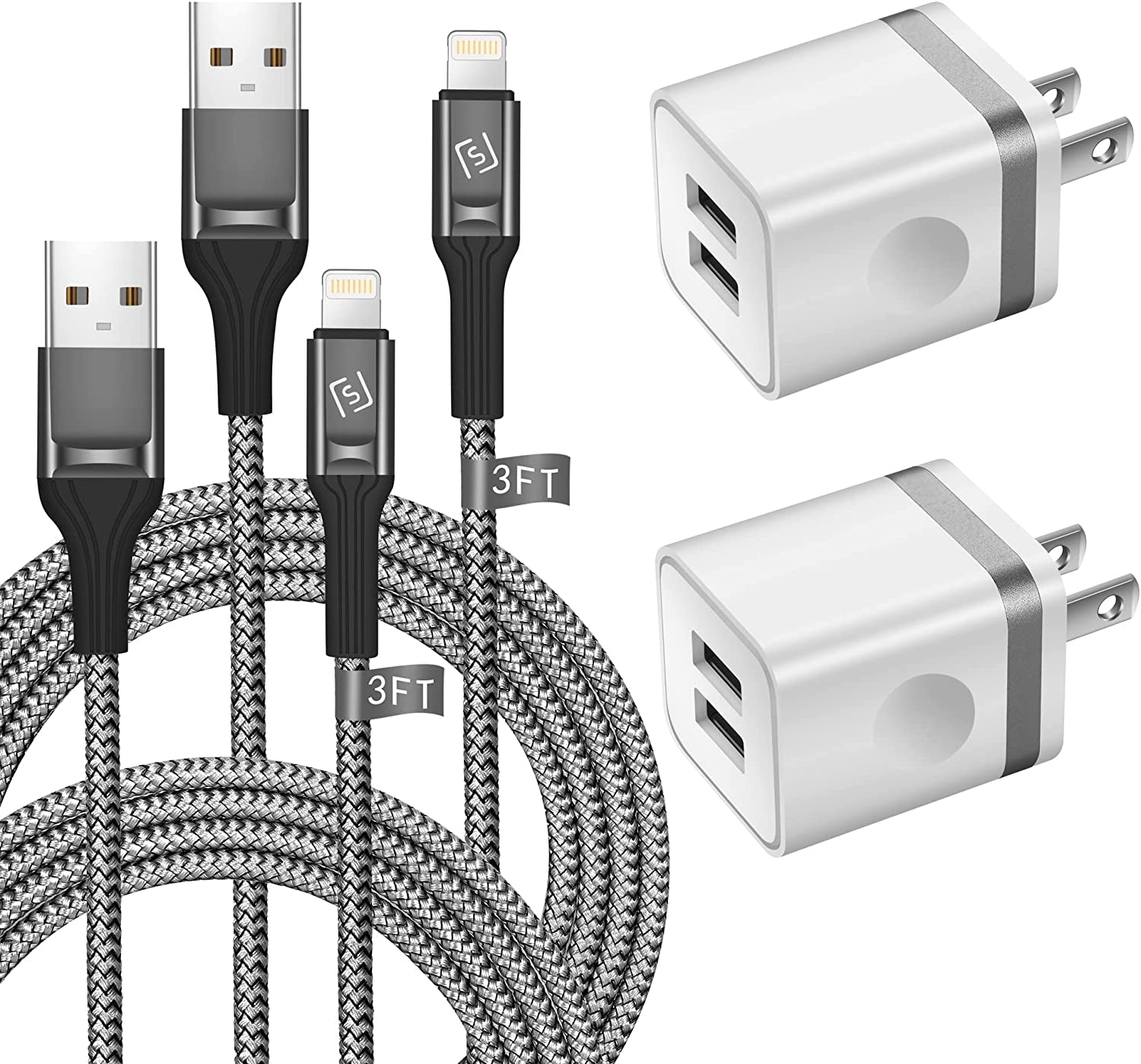 WHIRELEAST Iphone Charger Cable 10 FT with Wall Plug, Braided Long Iphone Charging Cord + Dual USB Wall Charger Block Adapter Compatible with Iphone 12/11/11 Pro Max/Xs/Xr/X/8/7/6 Plus, Ipad (4-Pack)  WHIRELEAST 3 Foot  