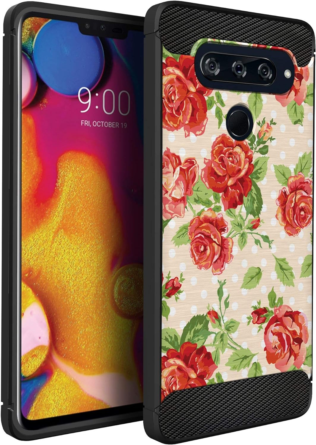 Casesondeck Case Compatible with [LG V40 Thinq] Soft TPU Bumper Cover Carbon Fiber Texture Flexible (Flowers)  CasesonDeck Red Roses  