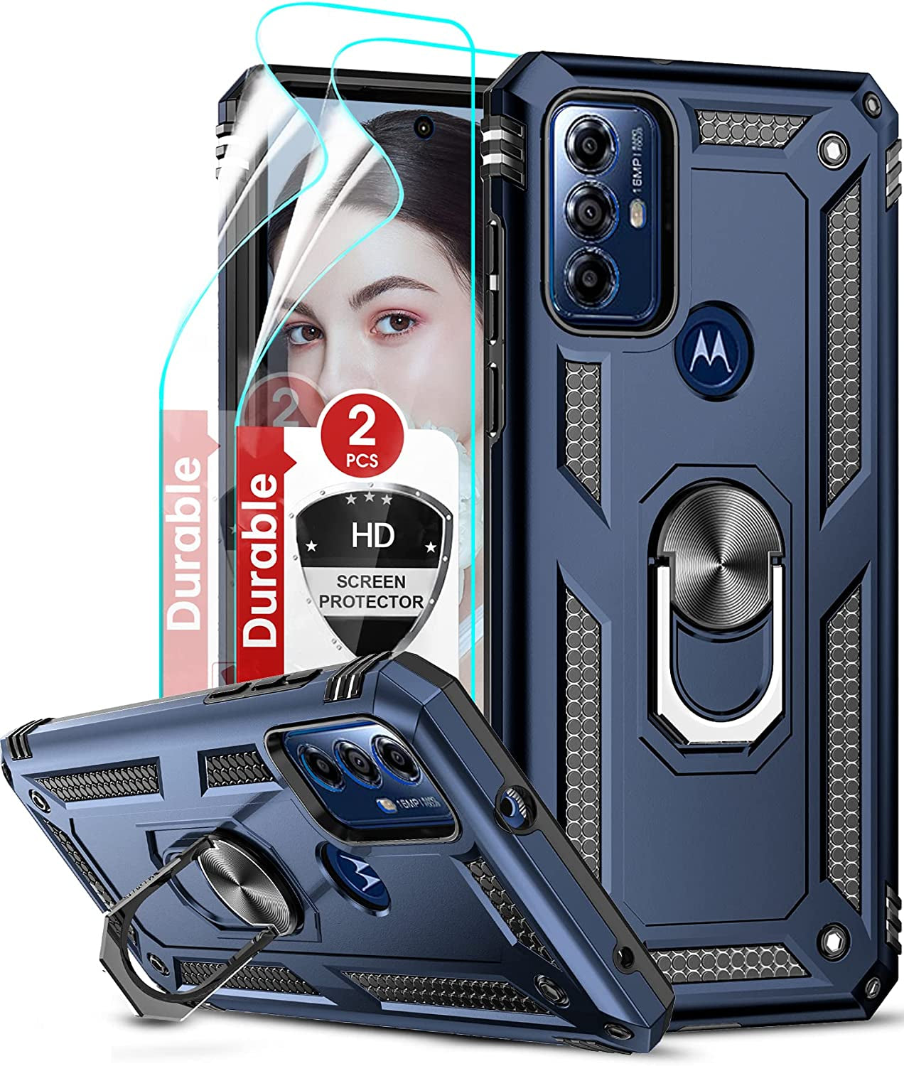 Leyi for Motorola G Play 2023 Phone Case, Moto G Play Case with Screen Protector for Girls Boys, [Military-Grade] Heavy Duty Case with Magnetic Metal Ring Kickstand for Moto G Play 2023, Purple  LeYi Blue  