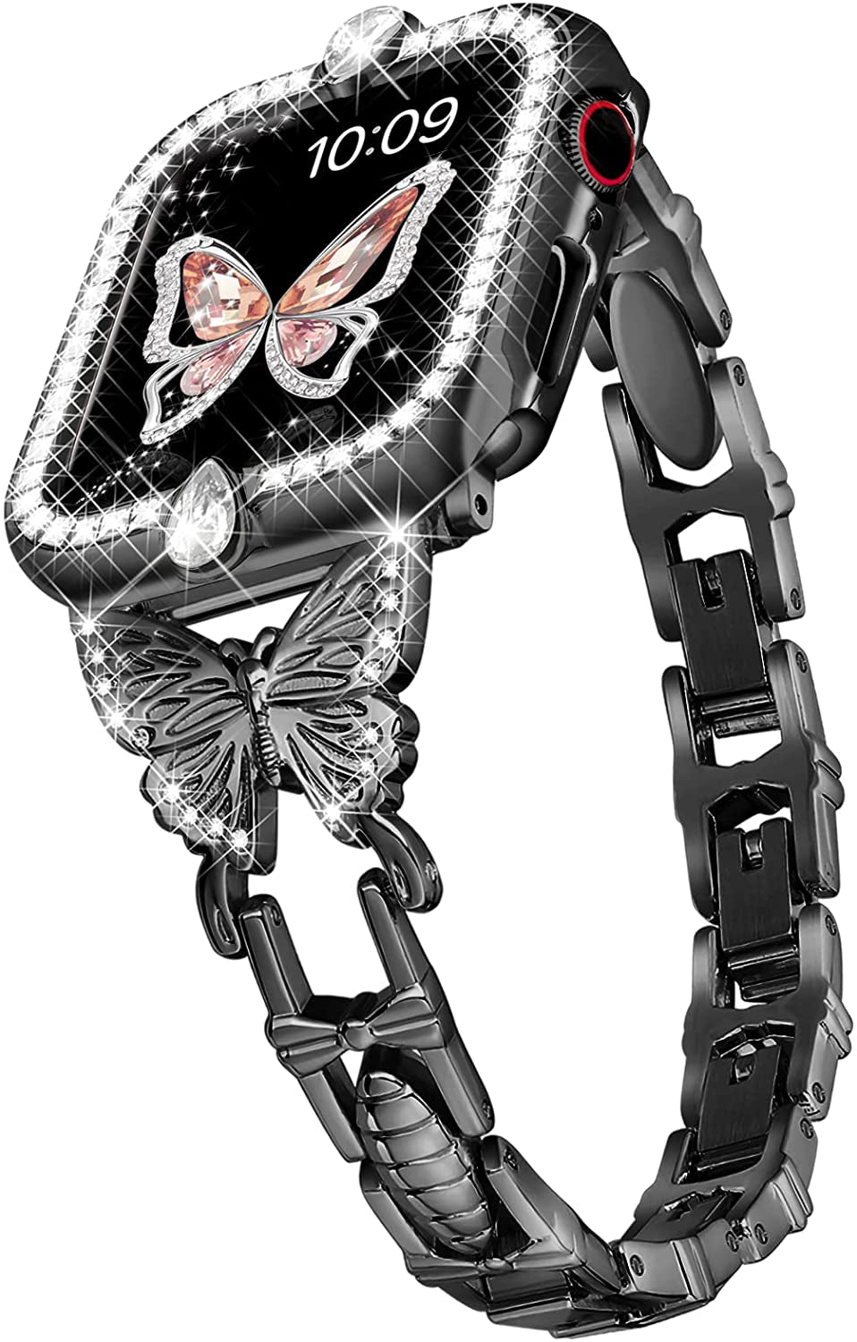 Wipalor Compatible with Apple Watch Band 42Mm 44Mm 45Mm 49Mm, Lightweight for Women, Easy Adjustable Bracelet, Shiny Diamond on Butterfly, Jewelry Metal Strap for Iwatch Series 8 7 6 5 4 3 2 1 SE Ultra(Rose Gold)  NB-tech Company White Diamond Case&Black Band Case+Band 40mm 