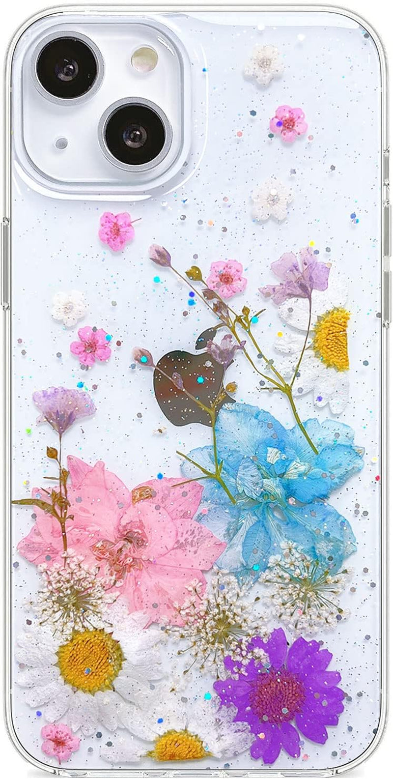 Abbery Designed for Iphone 13 Pressed Flower Case, Cute Clear with Design Bling Glitter Sparkle Soft TPU Transparent Dried Real Flower Floral Aesthetic Case for Women Girls (3 Pink Flower)  Abbery Glitter Pink  