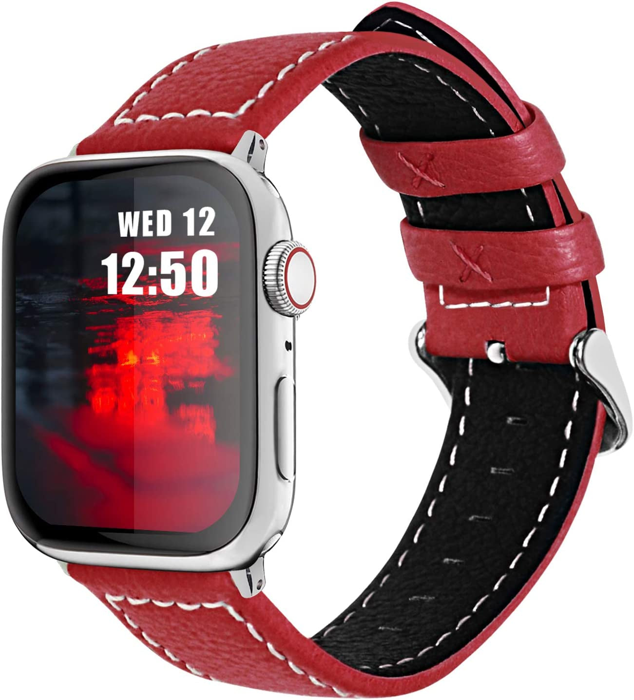 Fullmosa Compatible Apple Watch Band Leather 42Mm 44Mm 45Mm 38Mm 41Mm 40Mm for Iwatch Se/Se2/Series 8/7/6/5/4/3/2/1/Ultra 49Mm,42Mm/44Mm/45Mm White + Silver Buckle  Fullmosa Red + silver buckle 42mm/44mm/45mm/49mm 