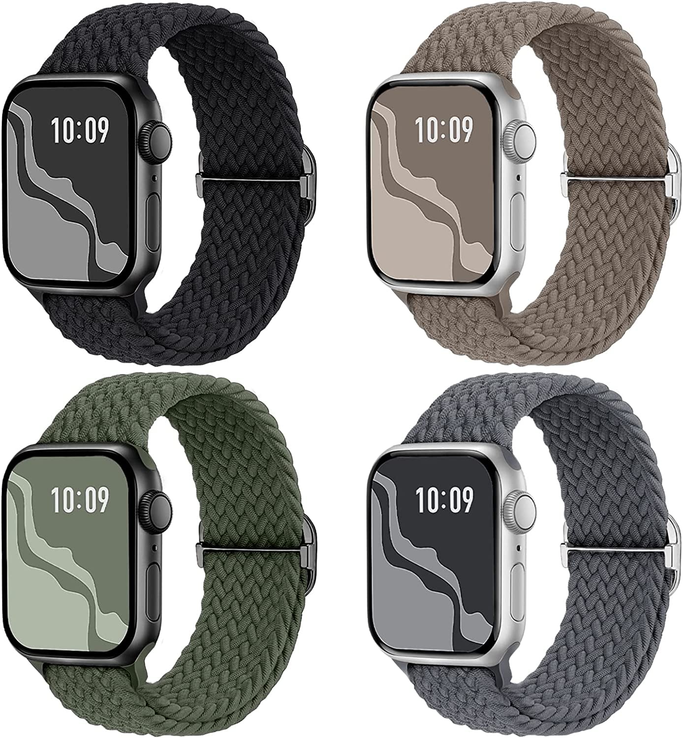 Braided Stretchy Solo Loop Compatible for Apple Watch Band 38Mm 40Mm 41Mm 42Mm 44Mm 45Mm 49Mm for Women Men, Nylon Elastic Straps Wristbands for Iwatch Series 8 7 6 SE 5 4 3 2 1 Ultra, 4Packs  Suitisbest Black/DarkGrey/Green/Stone 38/40/41mm 